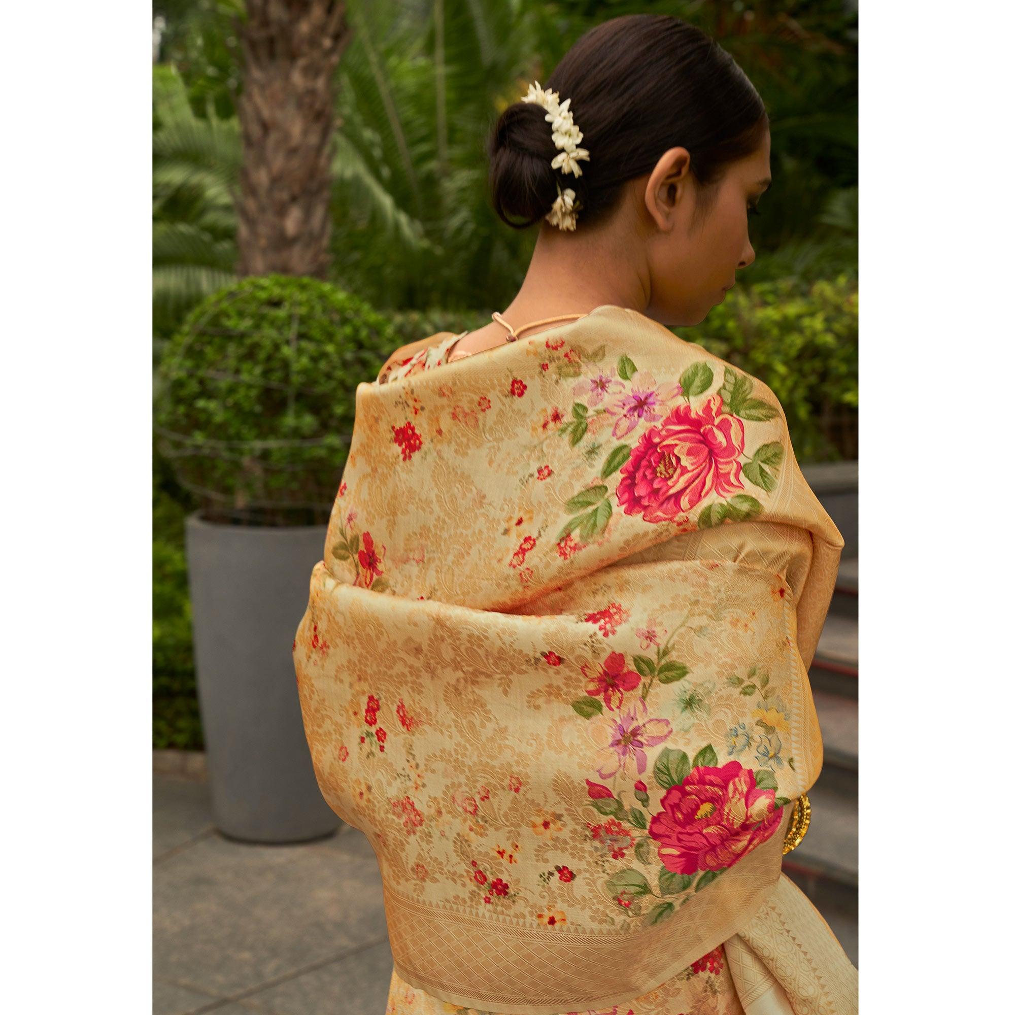 Light Orange Partywear Digital Printed Silk Saree - Peachmode