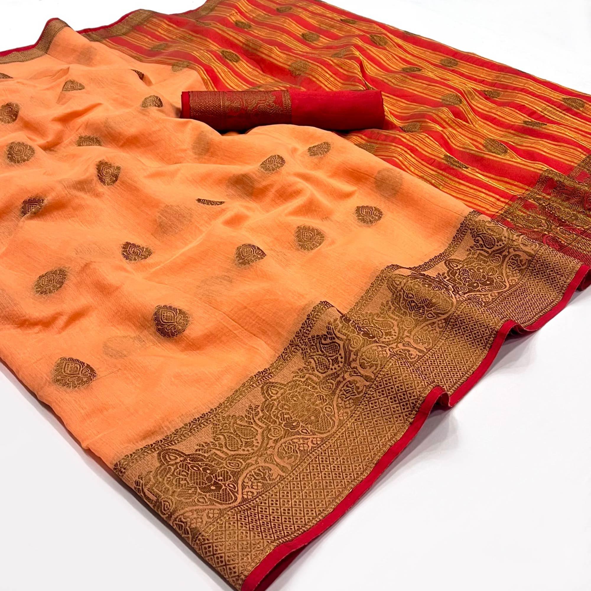 Light Orange Woven Linen Saree - Peachmode