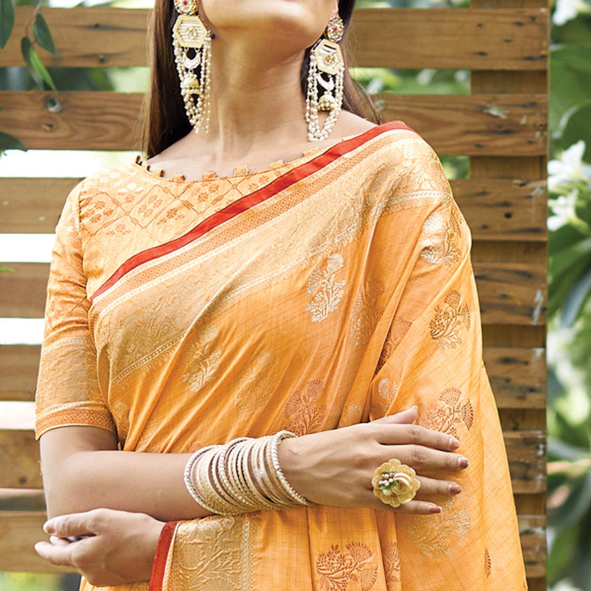 Light Orange Woven Raw Silk Saree With Tassels - Peachmode
