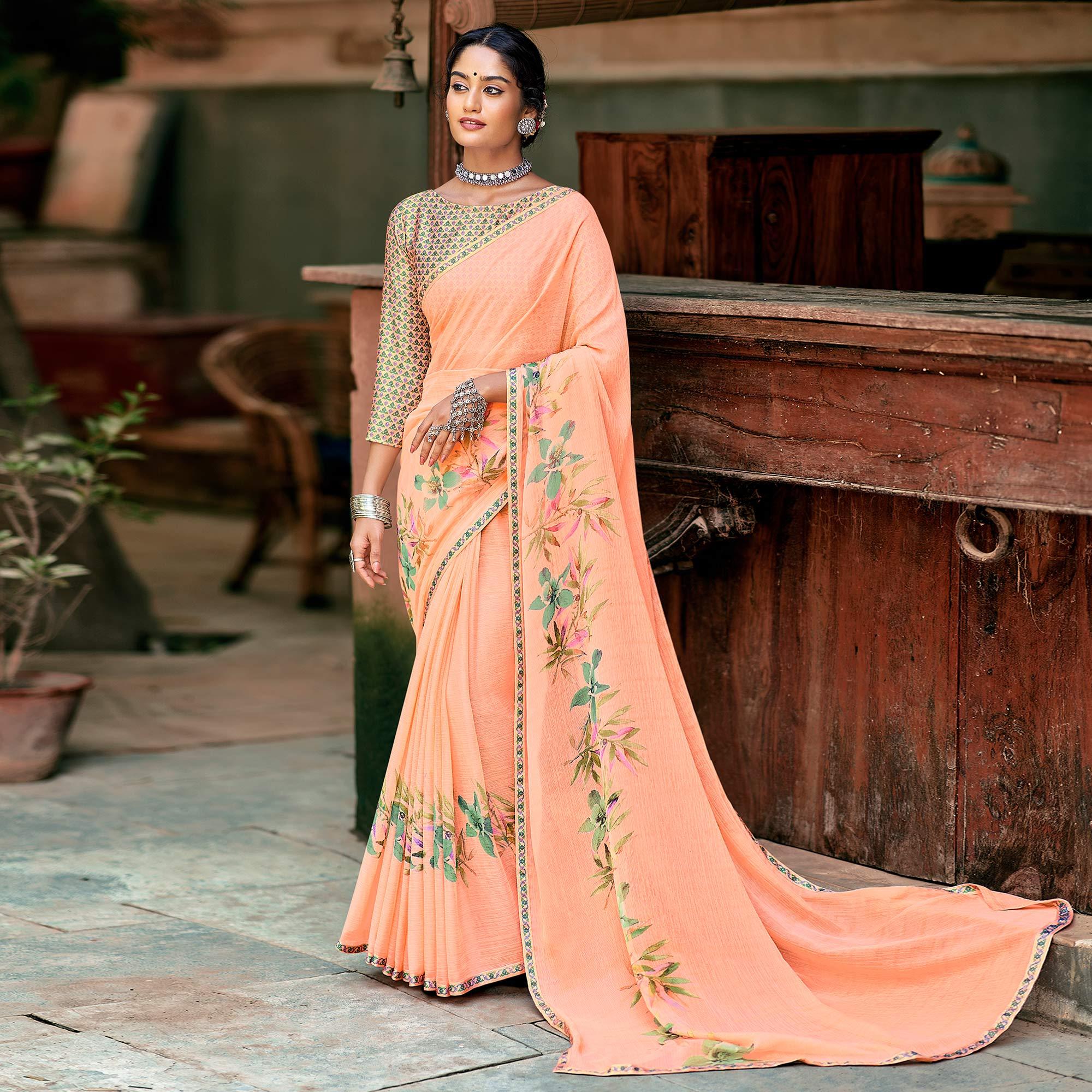 Light Peach Casual Wear Floral Printed Chiffon Saree With Fancy Blouse - Peachmode