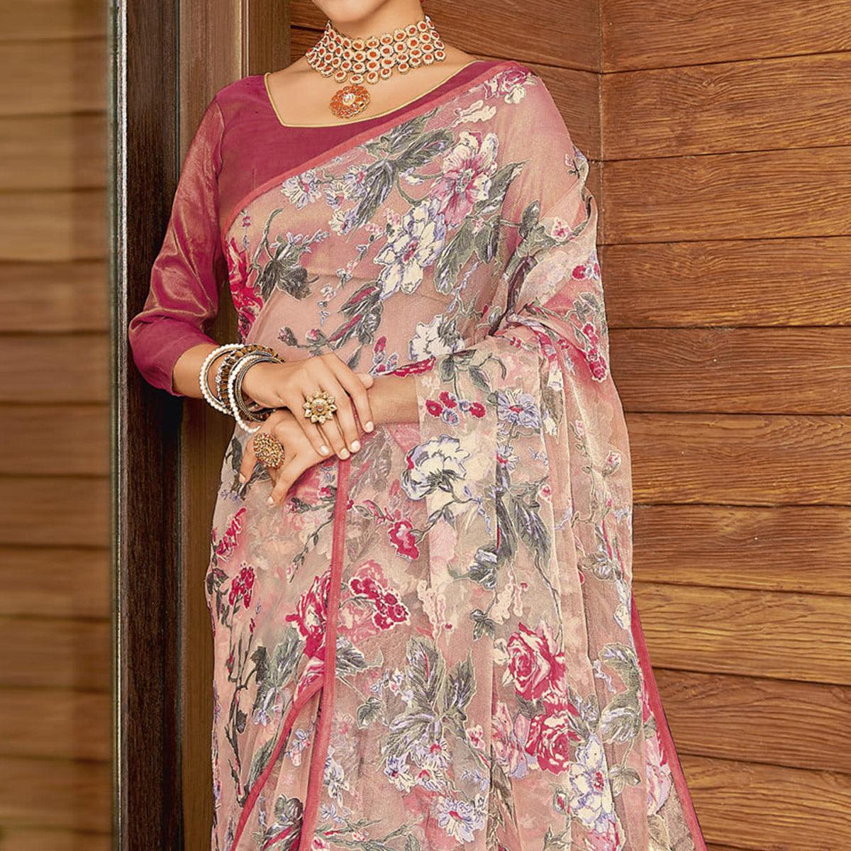 Light Peach Casual Wear Floral Printed Organza Brasso Saree - Peachmode