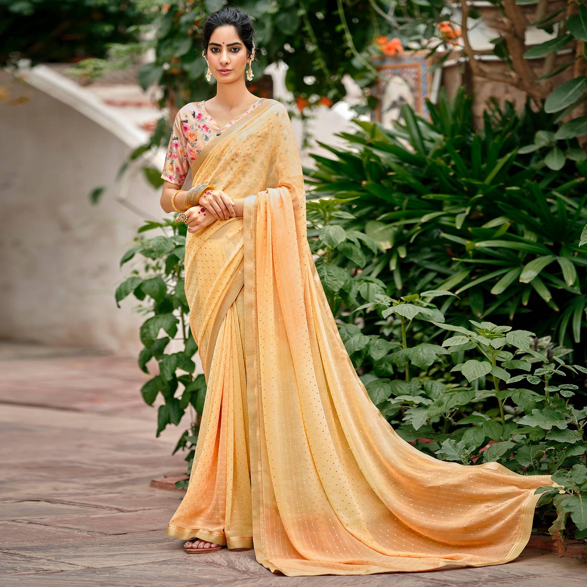 Light Peach Casual Wear Foil Printed Georgette Saree - Peachmode
