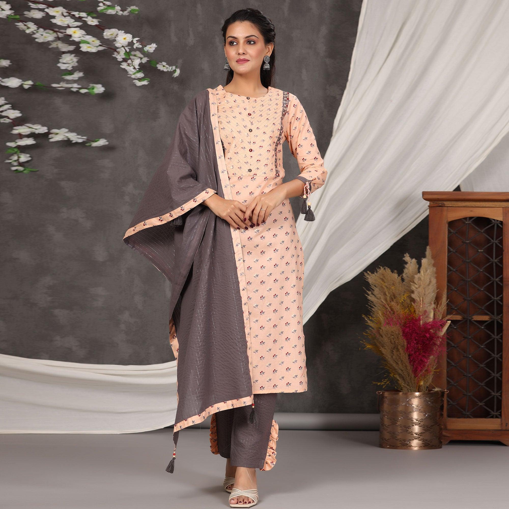 Light Peach Casual Wear Printed Cotton Kurti - Pant Set With Dupatta - Peachmode