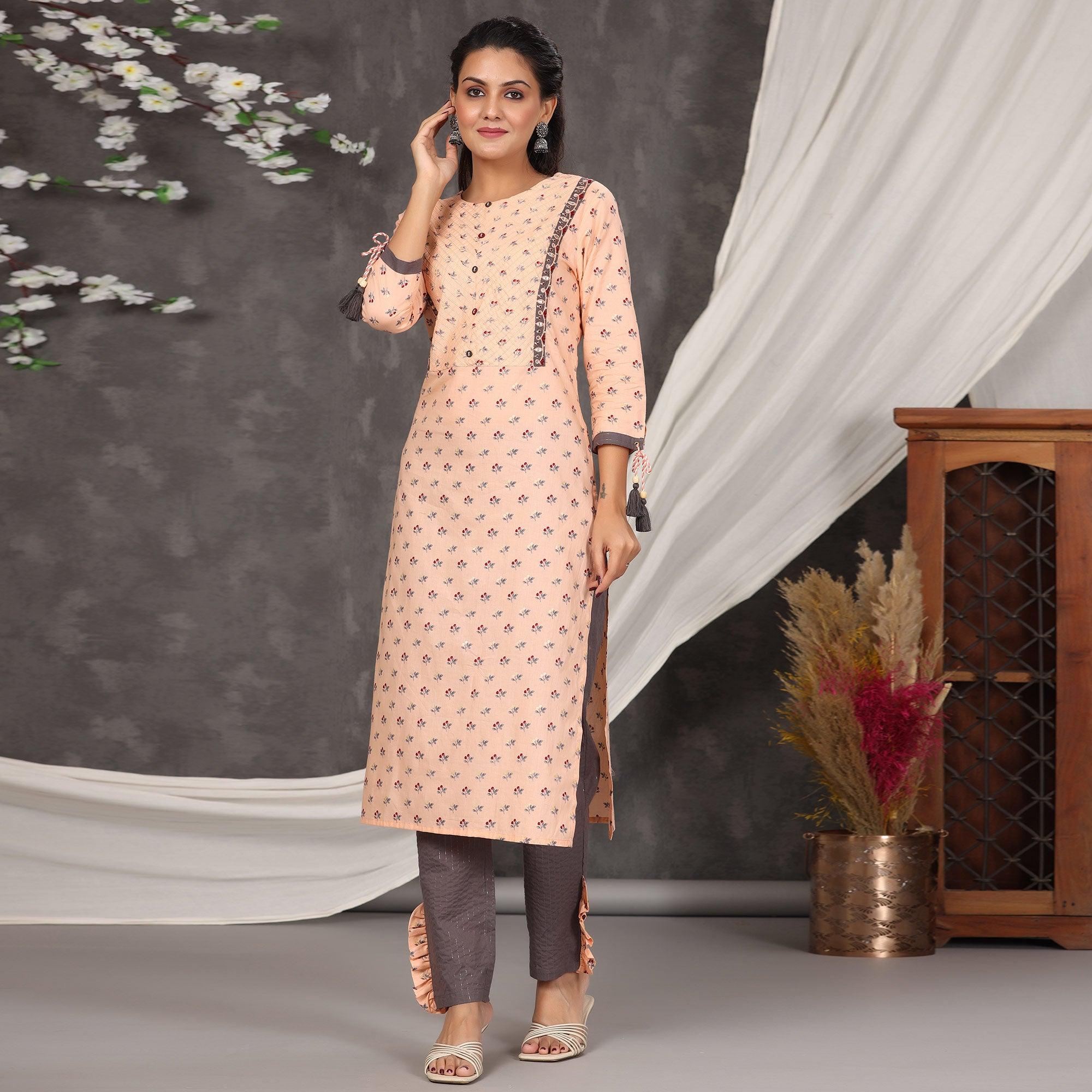 Light Peach Casual Wear Printed Cotton Kurti - Pant Set With Dupatta - Peachmode