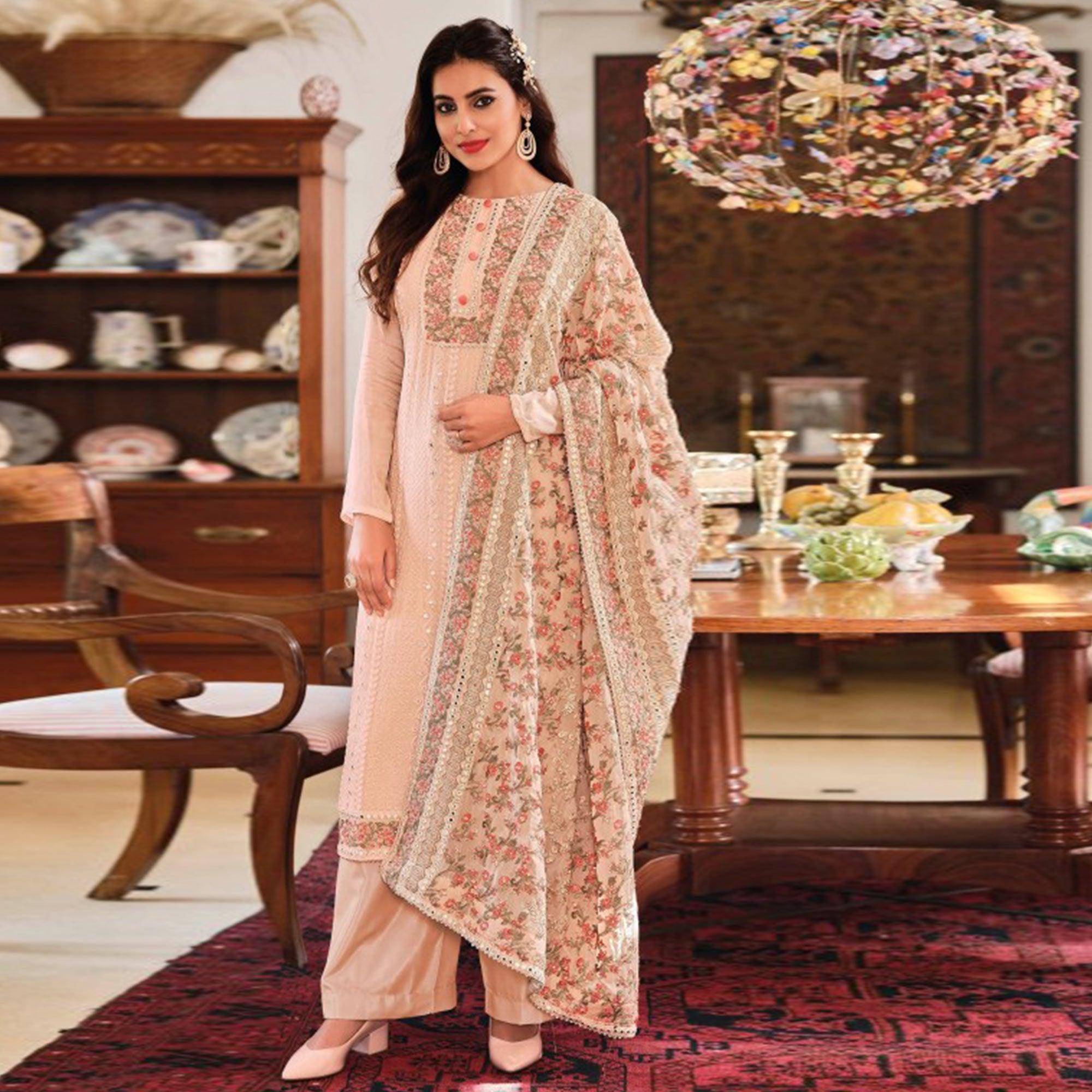 Light Peach Embroidered With Mirror Work Georgette Palazzo Suit - Peachmode