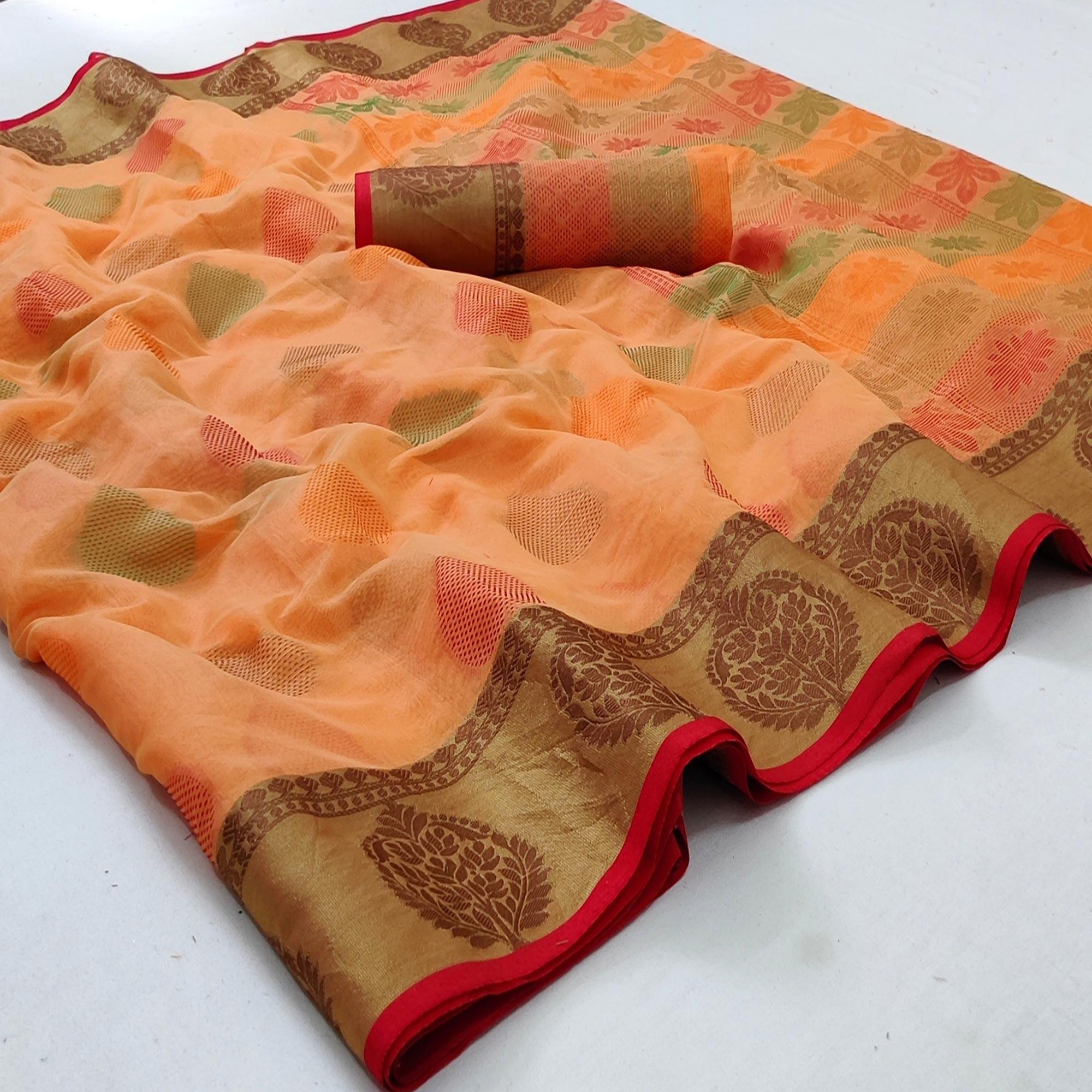 Light Peach Festive Wear Woven Rich Pallu Organza Saree - Peachmode