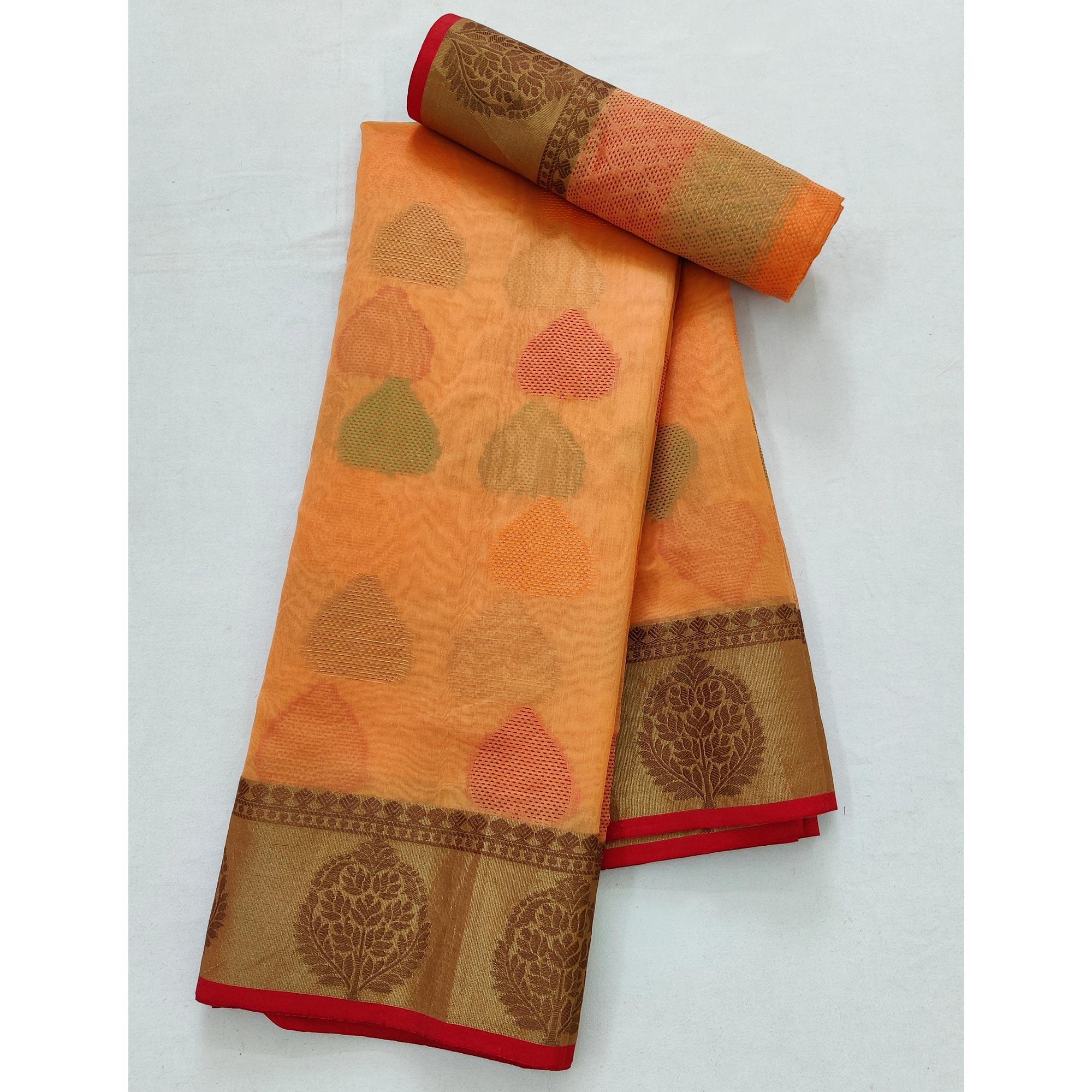 Light Peach Festive Wear Woven Rich Pallu Organza Saree - Peachmode