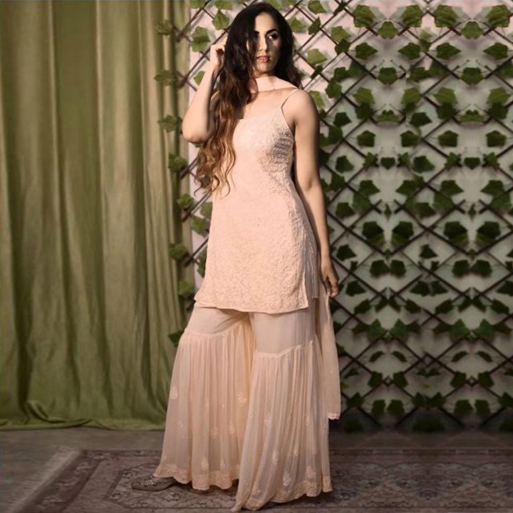 Light Peach Lucknowi Embroidered Georgette Sharara Suit - Peachmode