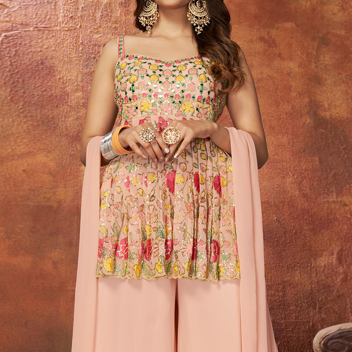 Light Peach Party Wear Embroiddered Georgette Sharara Suit - Peachmode