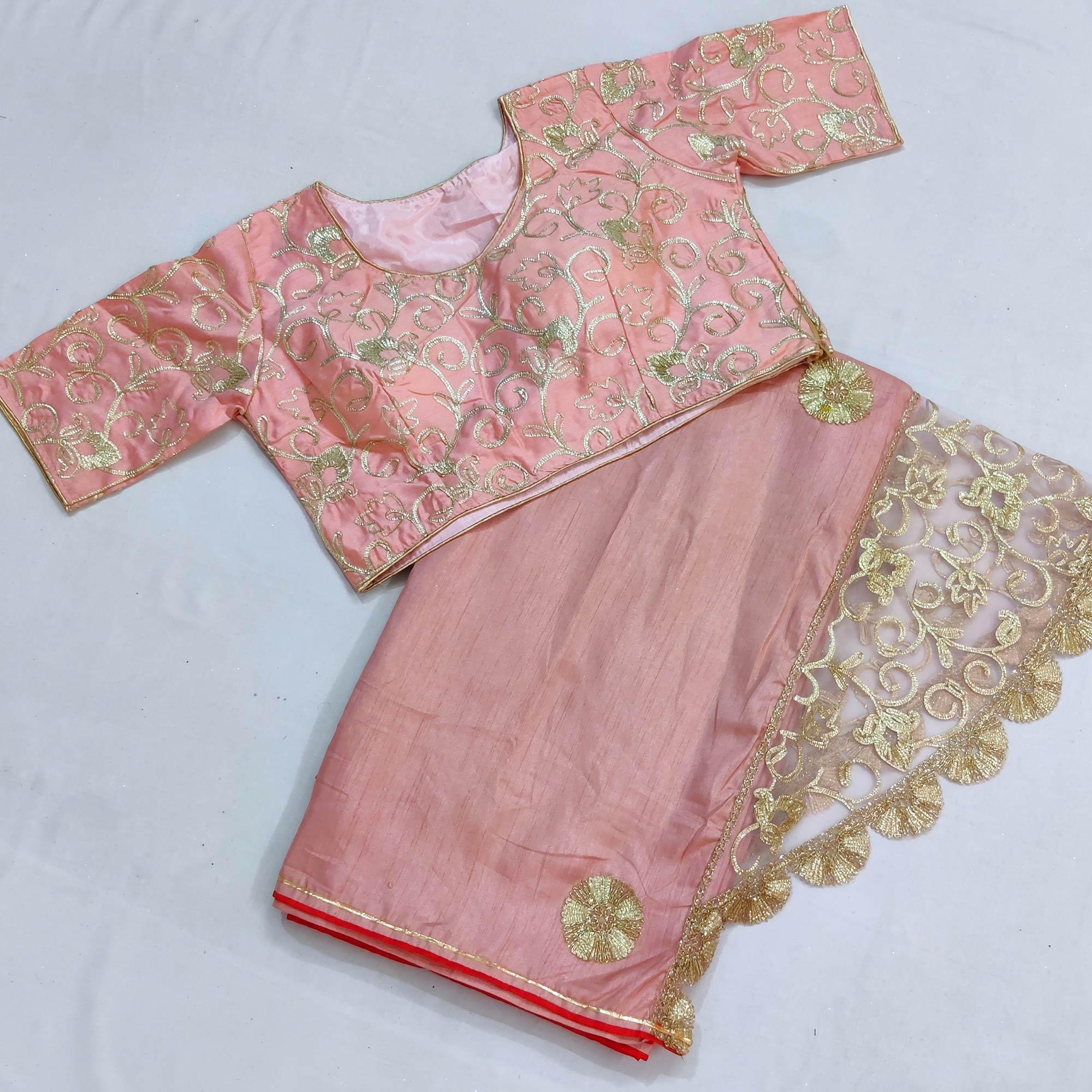 Light Peach Partywear Mukeish Embroidery Dola Silk Saree - Peachmode