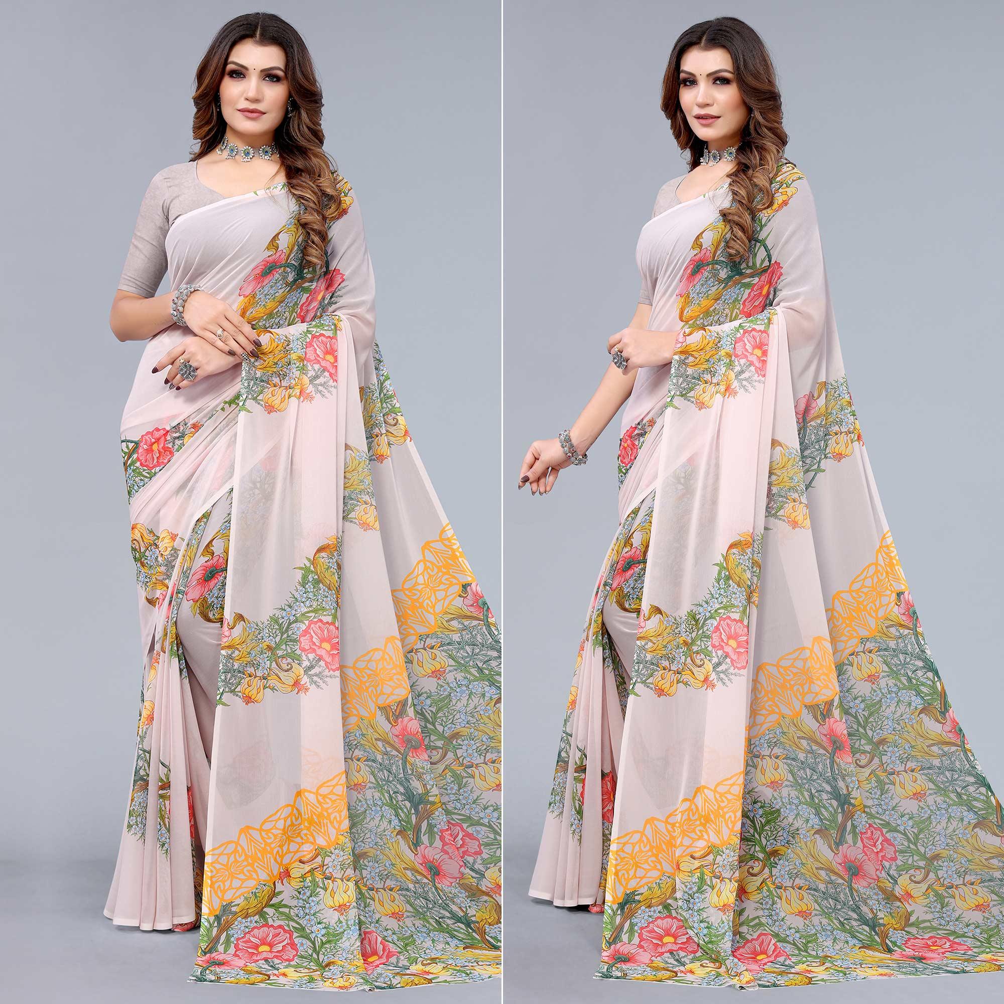 Light Peach Printed Georgette Saree - Peachmode