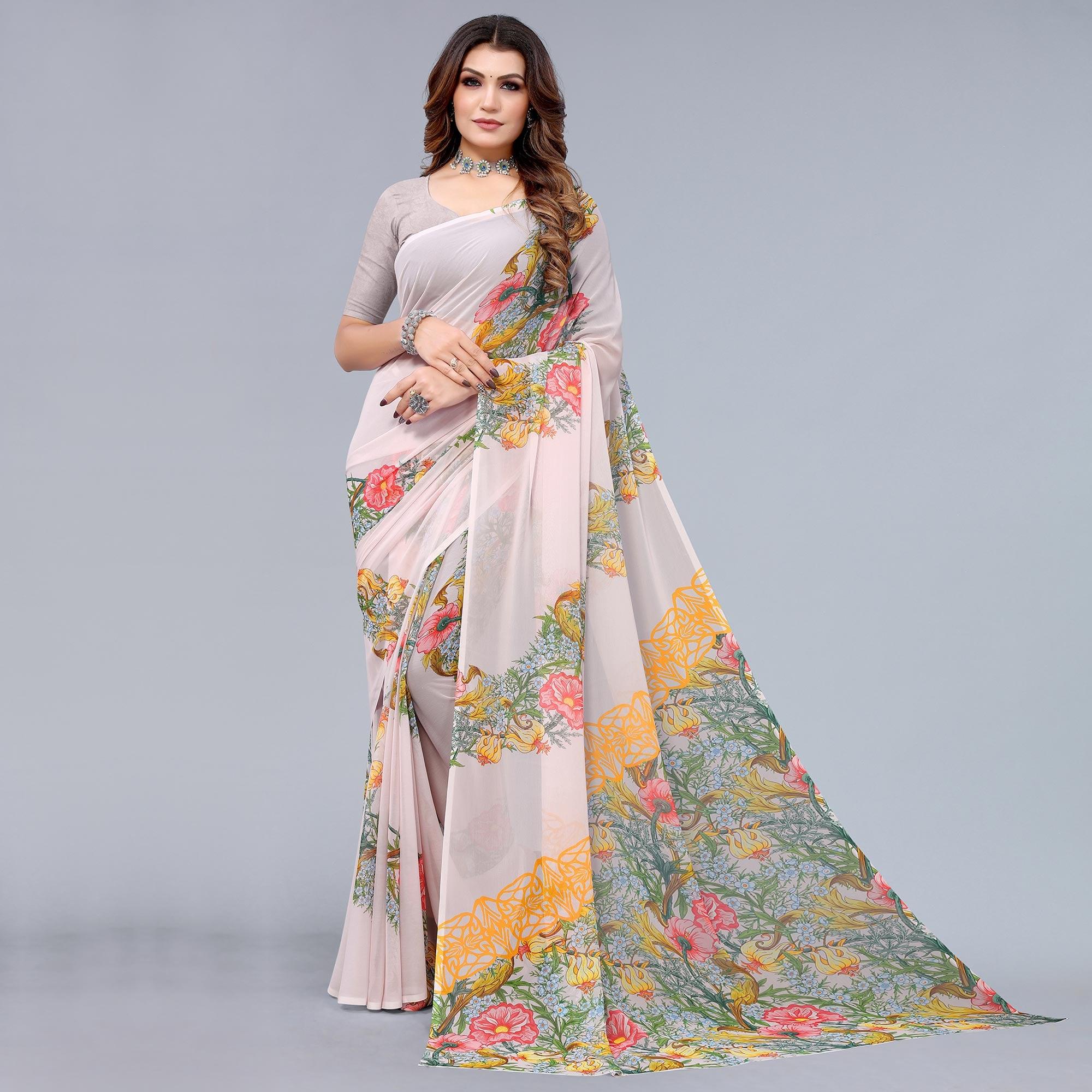 Light Peach Printed Georgette Saree - Peachmode