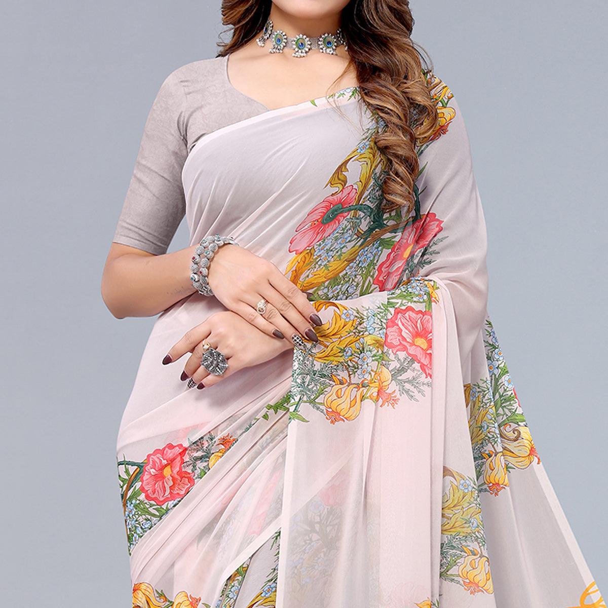 Light Peach Printed Georgette Saree - Peachmode