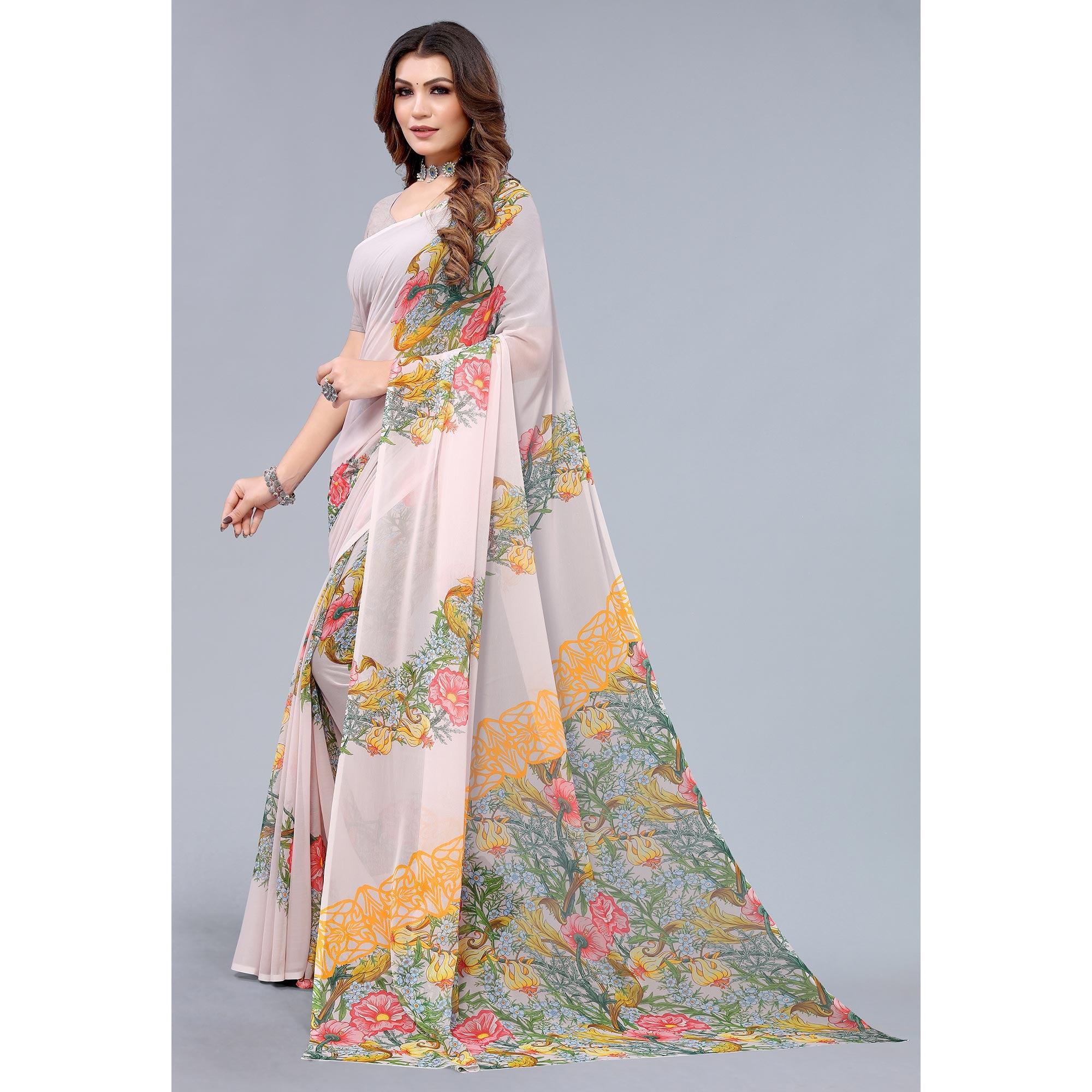 Light Peach Printed Georgette Saree - Peachmode