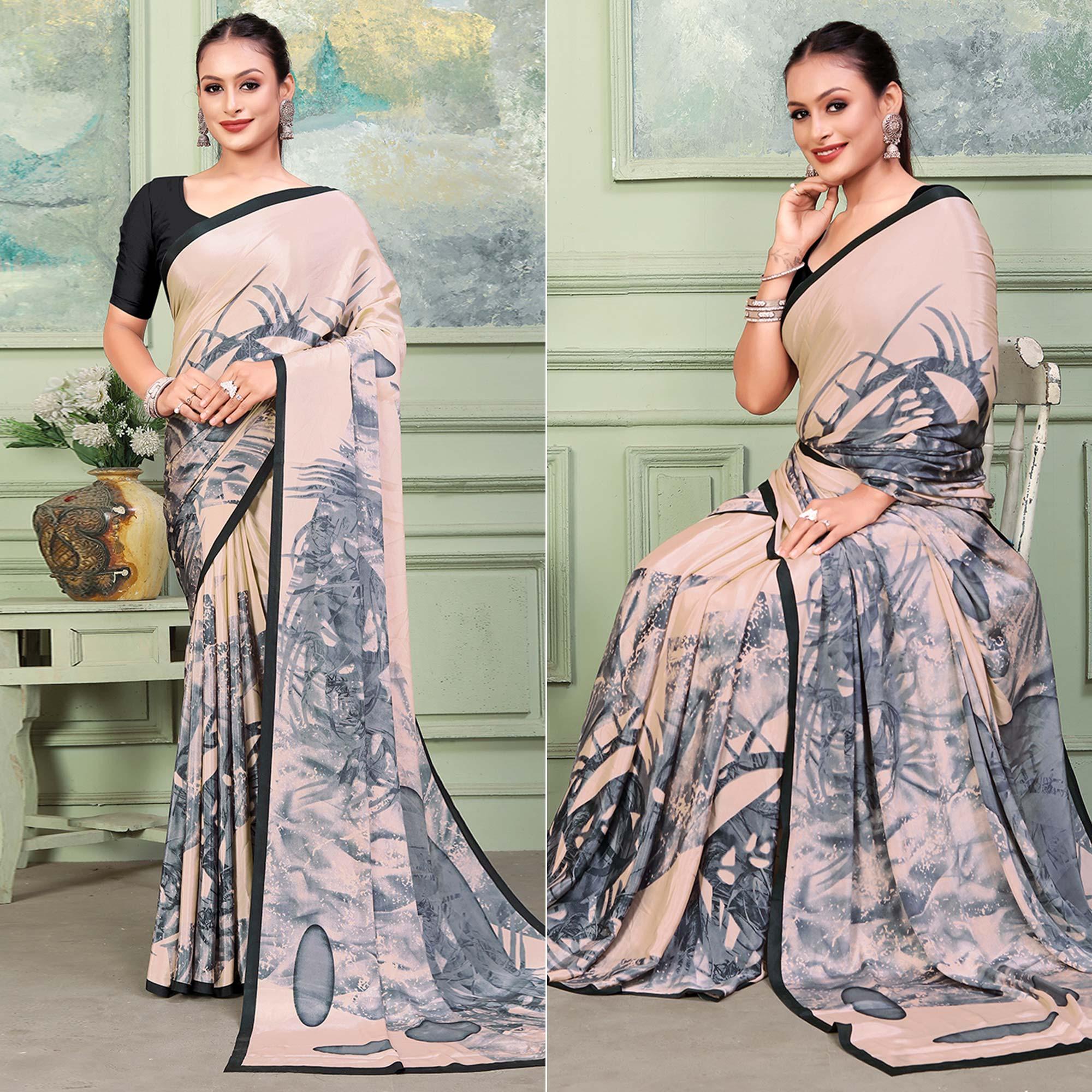Light Peach Printed Raw Silk Saree - Peachmode
