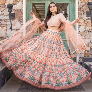 Light Peach Wedding Wear Designer Floral Prined Chanderi Designer Lehenga Choli - Peachmode