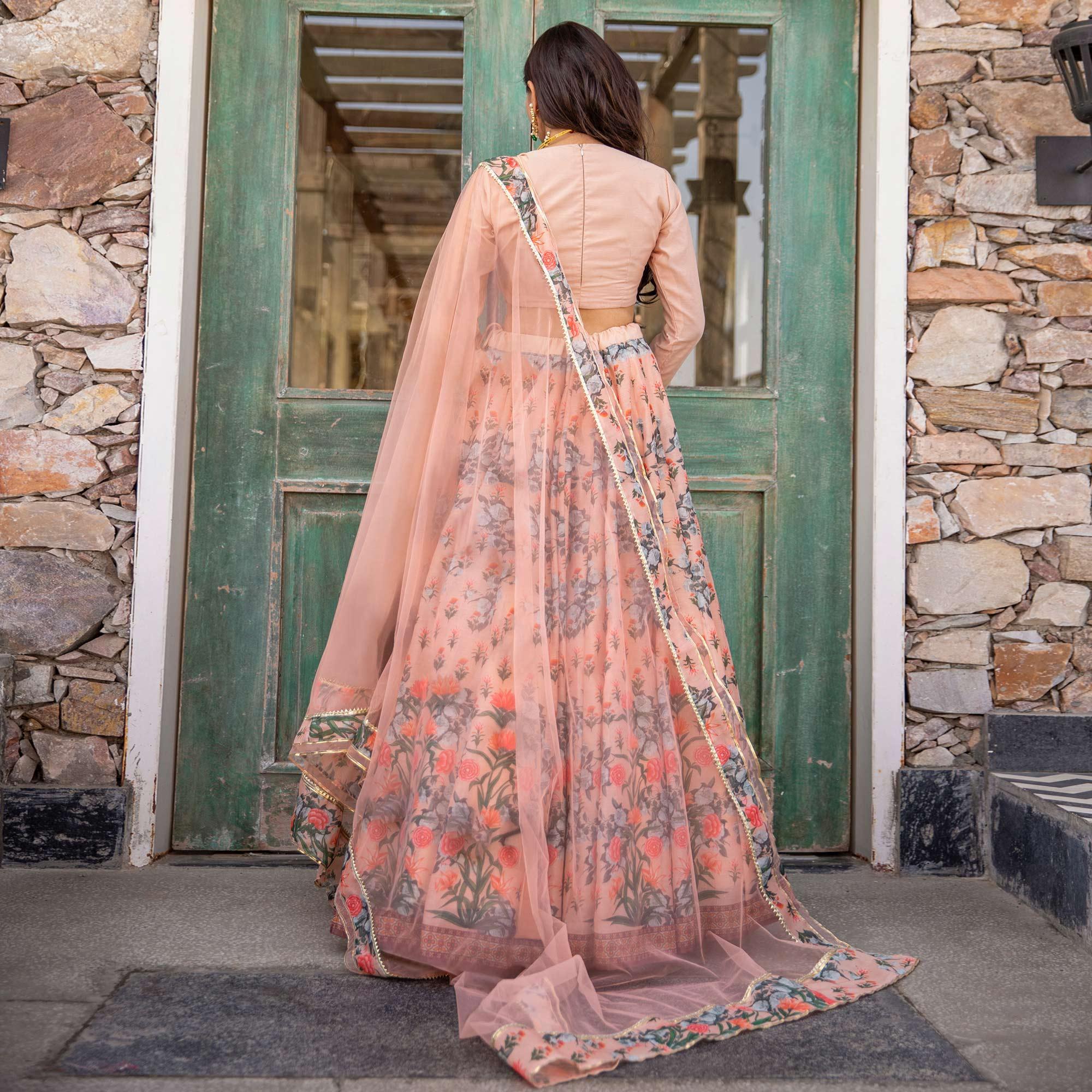 Light Peach Wedding Wear Designer Floral Prined Chanderi Designer Lehenga Choli - Peachmode