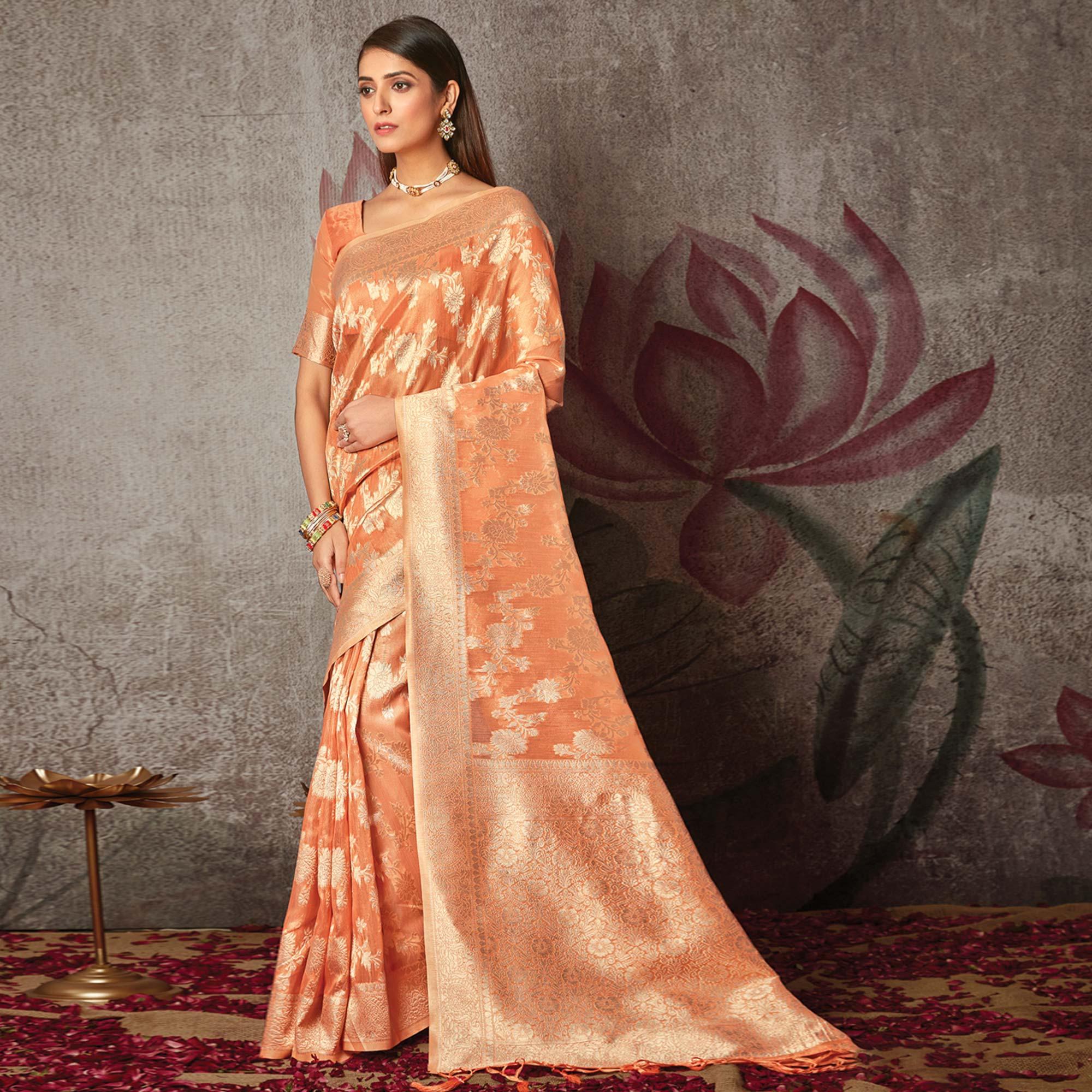 Light Peach Woven Art Silk Saree With Tassels - Peachmode