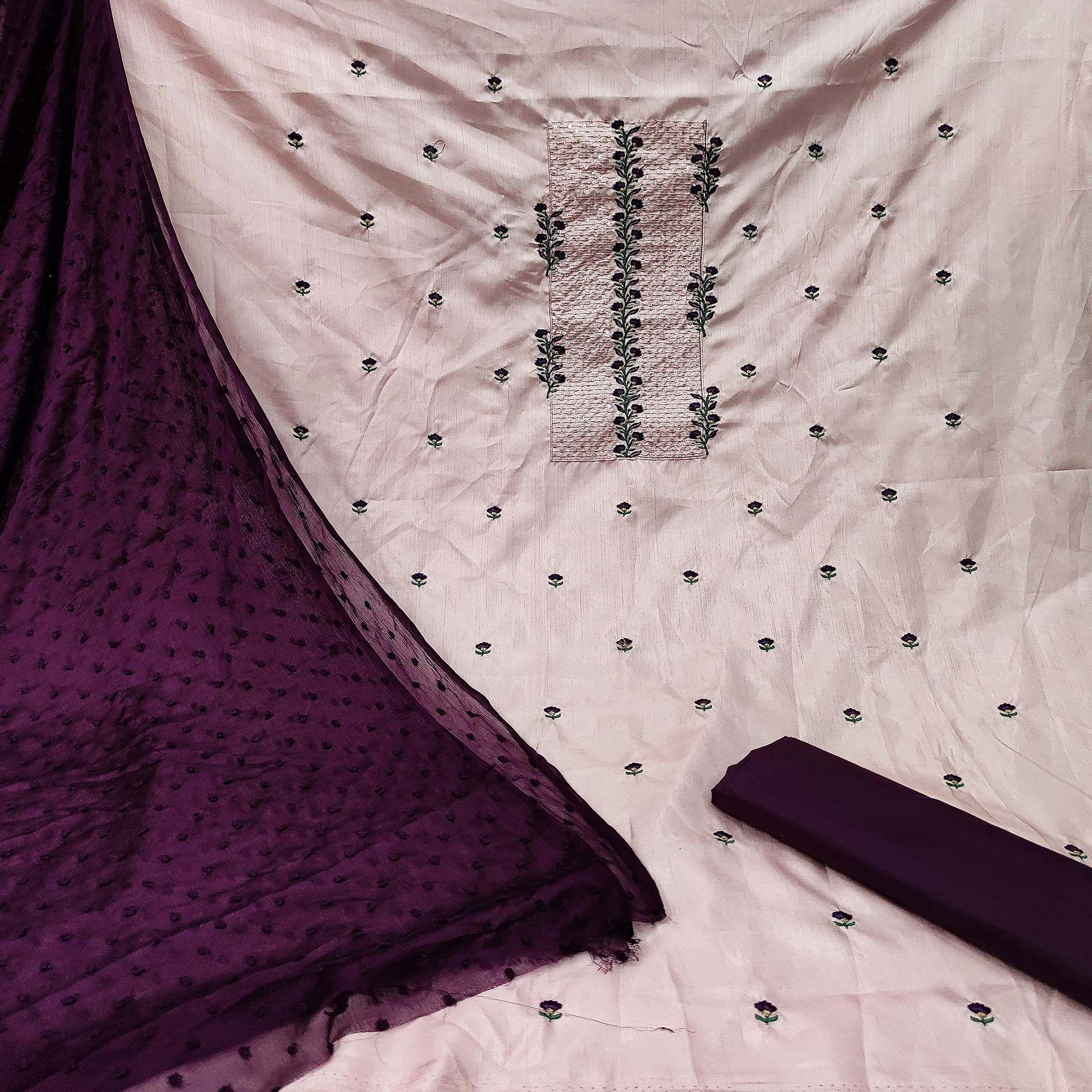 Light Pink Casual Floral Embroidered Silk Dress Material - Peachmode