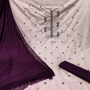 Light Pink Casual Floral Embroidered Silk Dress Material - Peachmode