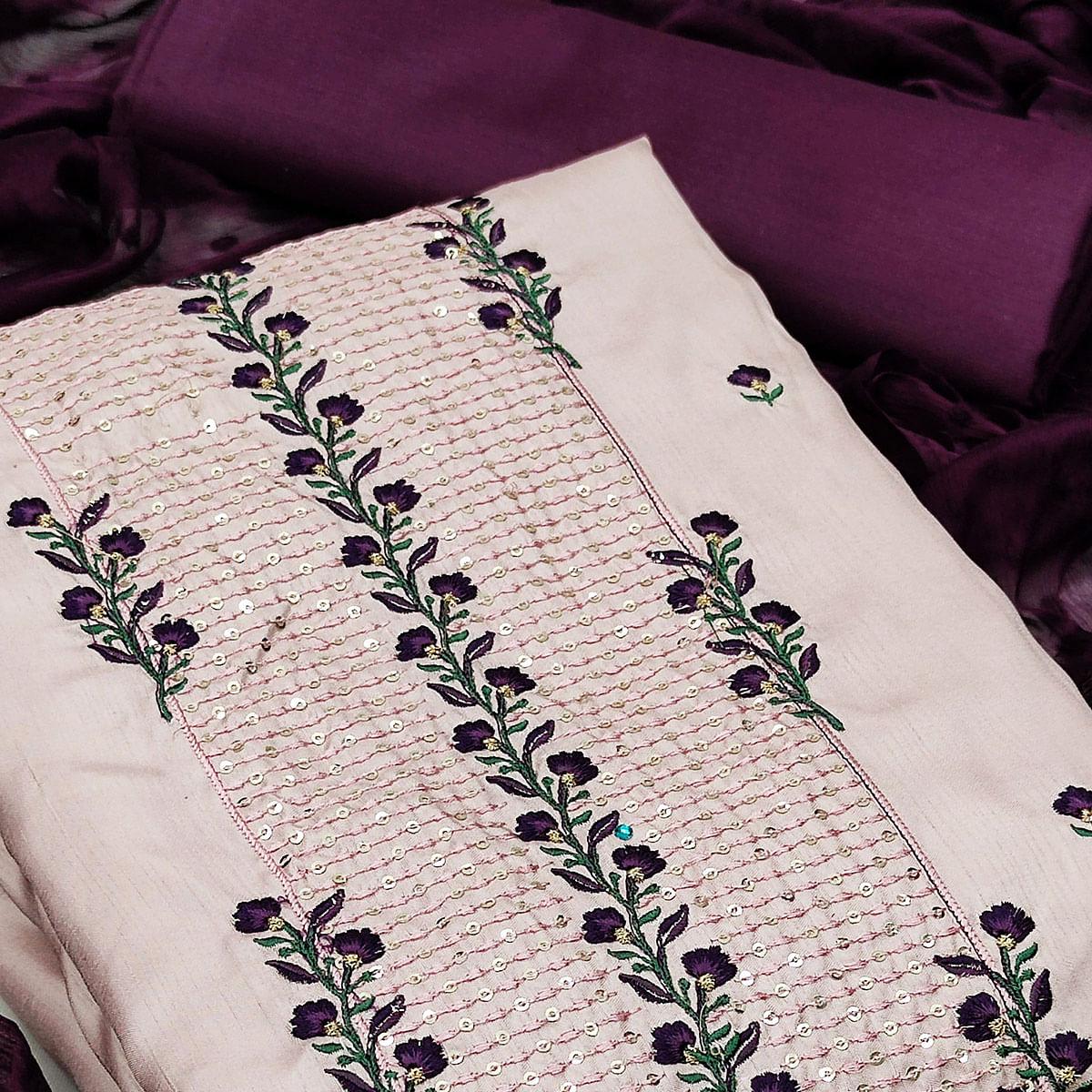 Light Pink Casual Floral Embroidered Silk Dress Material - Peachmode