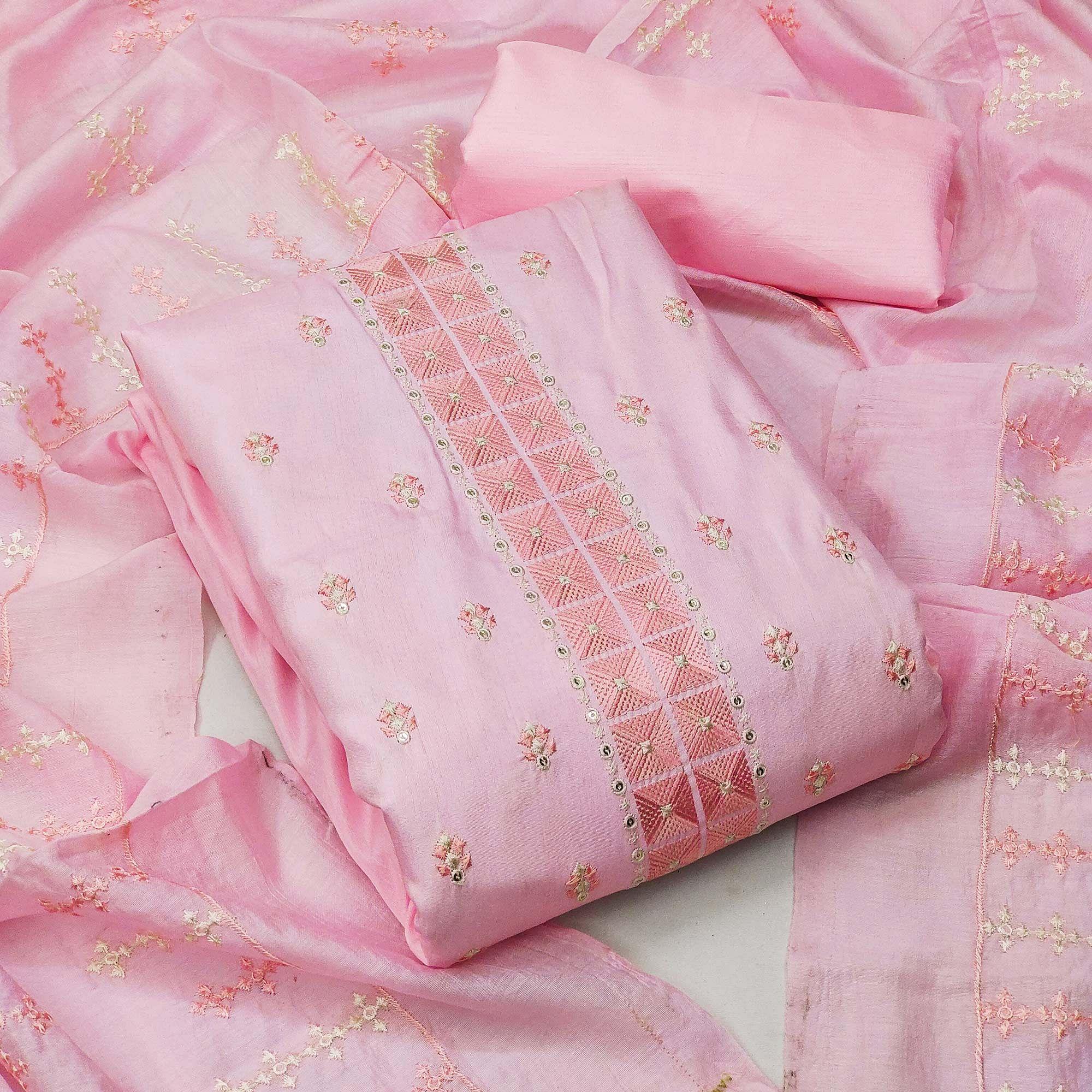 Light Pink Casual Wear Embroidered Jelly Silk Dress Material - Peachmode