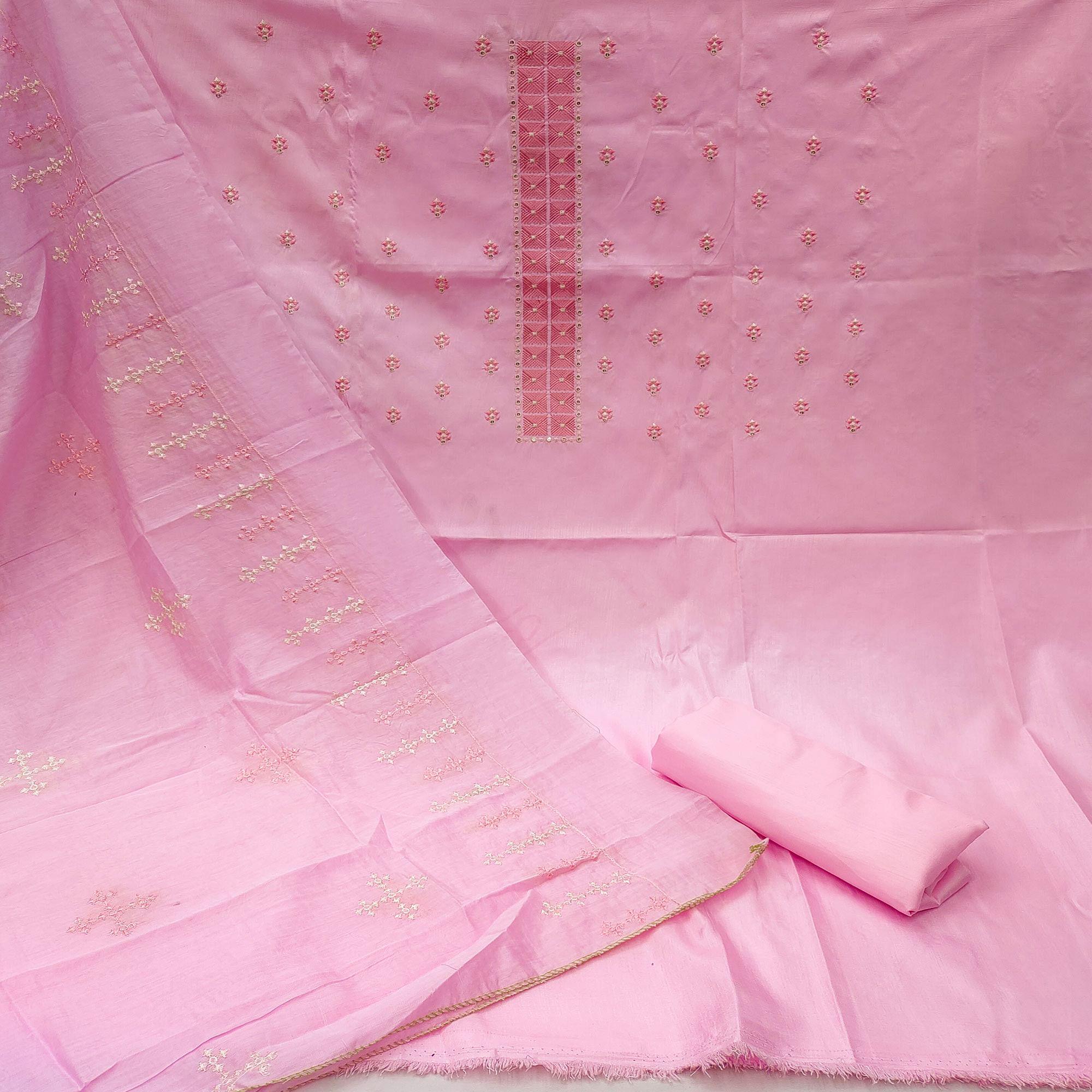 Light Pink Casual Wear Embroidered Jelly Silk Dress Material - Peachmode
