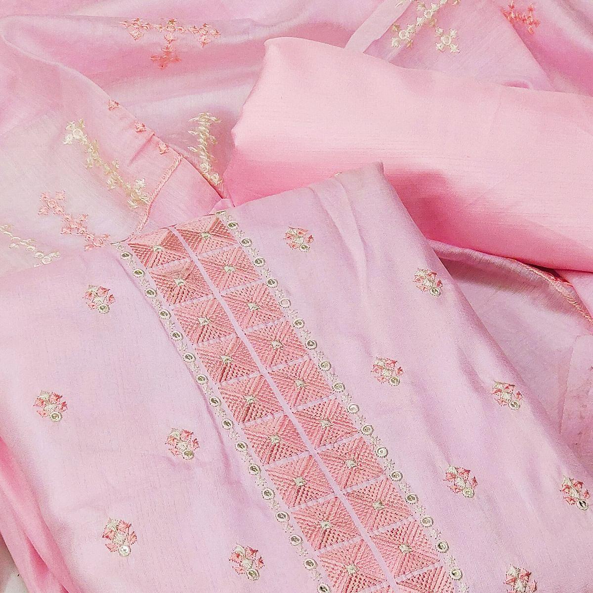 Light Pink Casual Wear Embroidered Jelly Silk Dress Material - Peachmode
