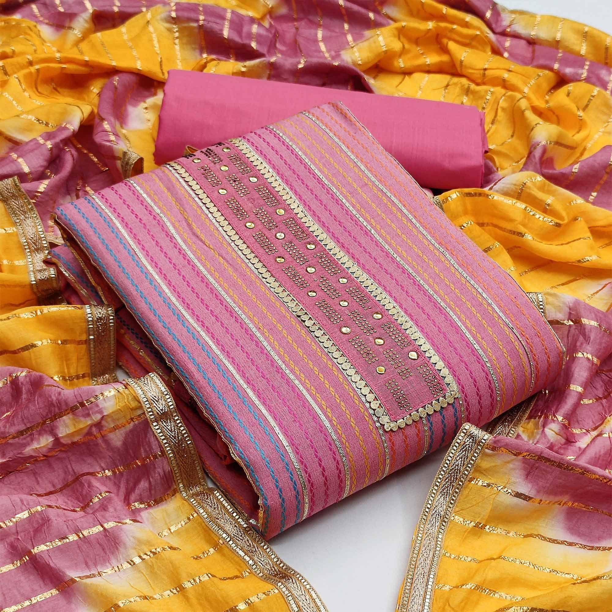 Light Pink Casual Wear Embroidery With Hand Work Premium Pure Cotton Dress Material - Peachmode
