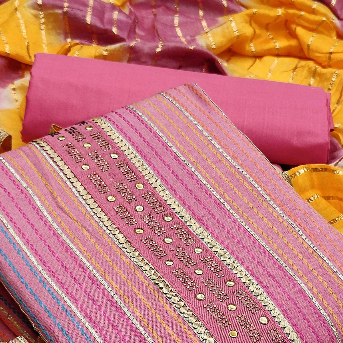 Light Pink Casual Wear Embroidery With Hand Work Premium Pure Cotton Dress Material - Peachmode