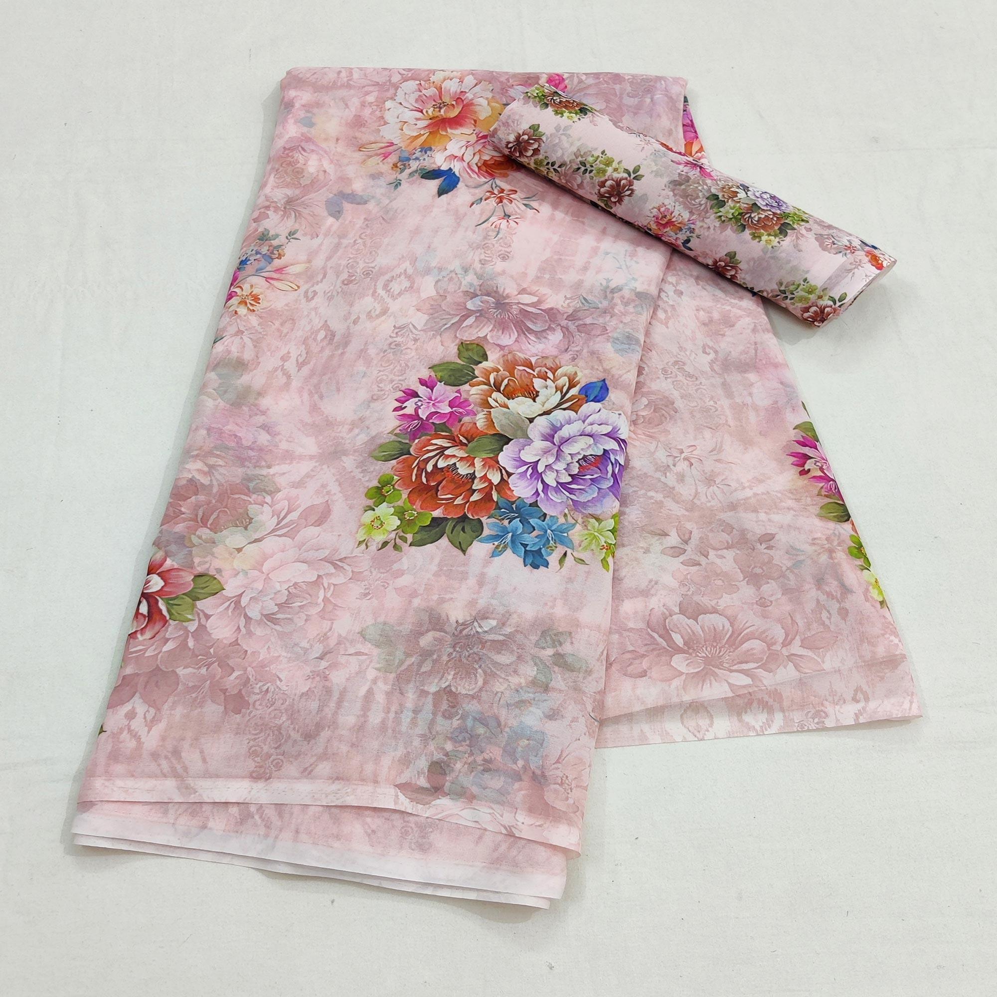 Light Pink Casual Wear Floral Digital Printed Georgette Saree - Peachmode