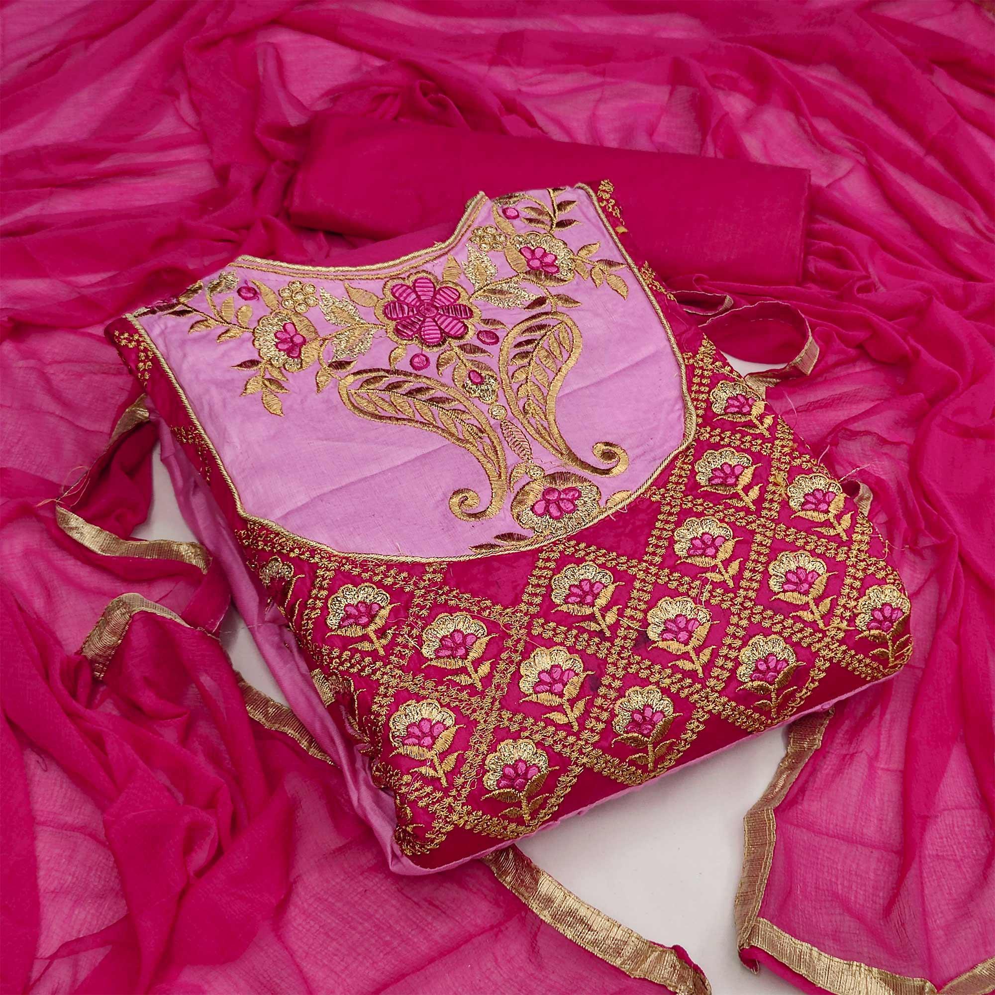 Light Pink Casual Wear Floral Embroidered Work Cotton Dress Material - Peachmode
