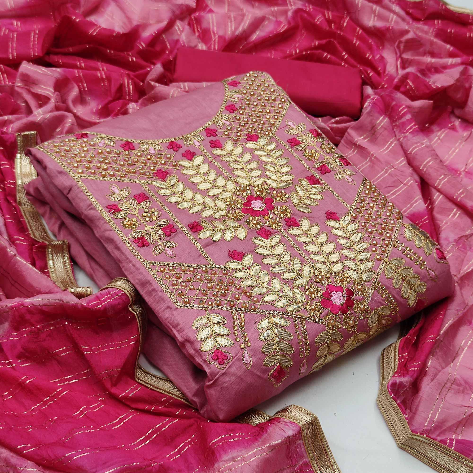 Light Pink Casual Wear Floral Embroidery With Hand Work Cotton Dress Material - Peachmode