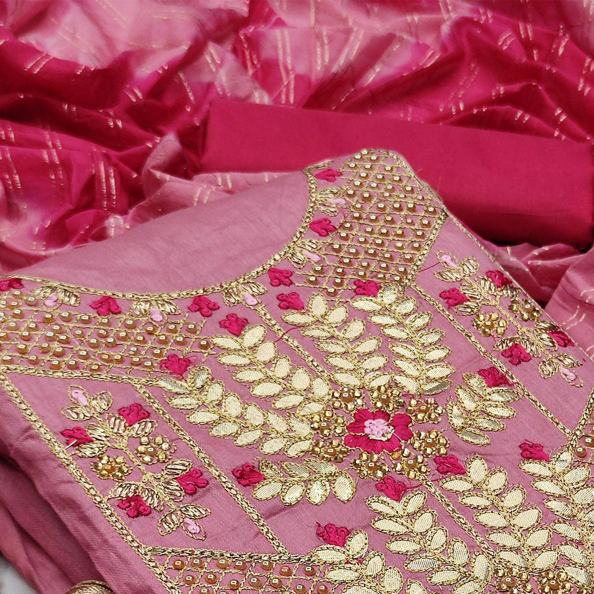 Light Pink Casual Wear Floral Embroidery With Hand Work Cotton Dress Material - Peachmode
