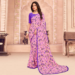 Light Pink Casual Wear Floral Printed Georgette Saree - Peachmode