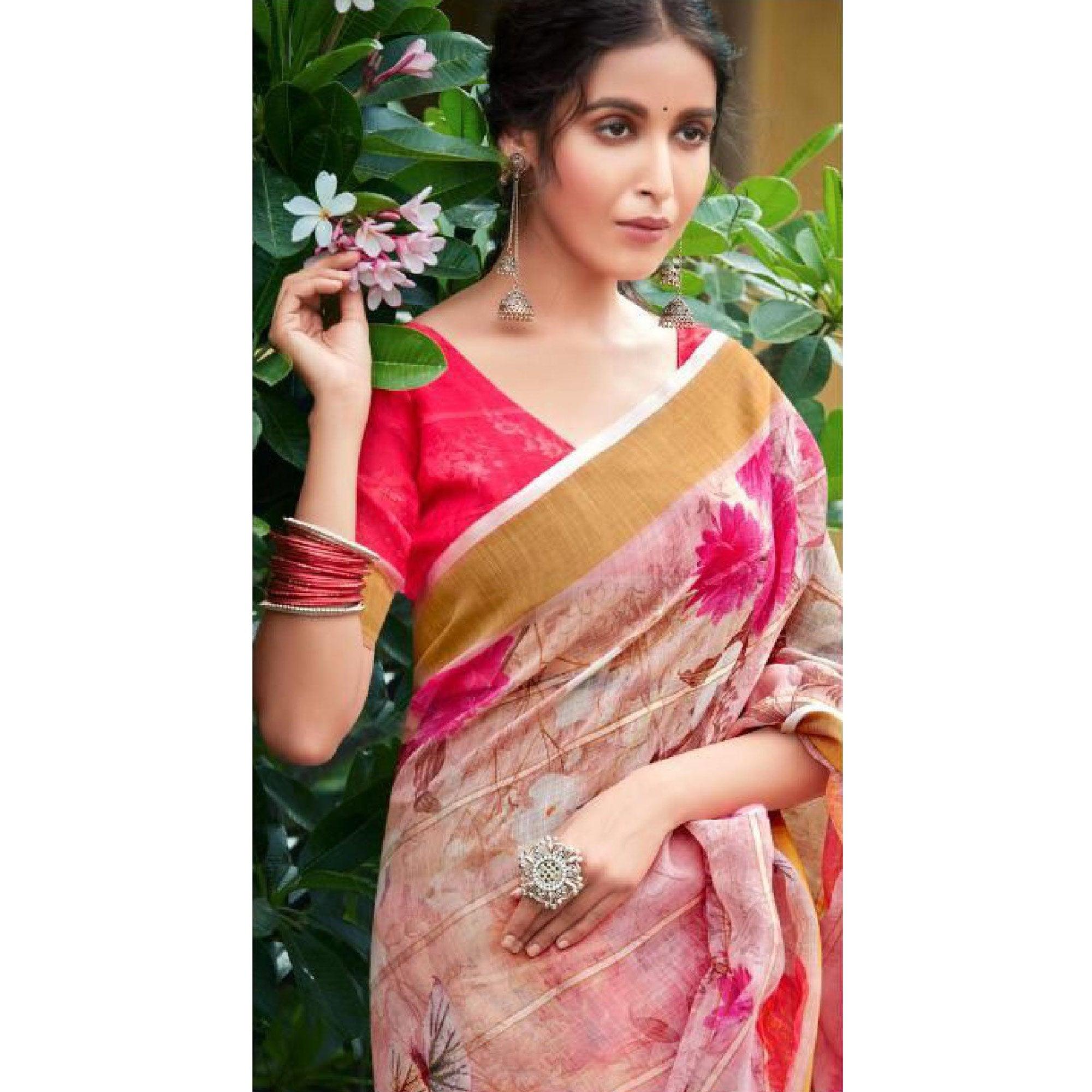 Light Pink Casual Wear Floral Printed Pure Linen Saree - Peachmode