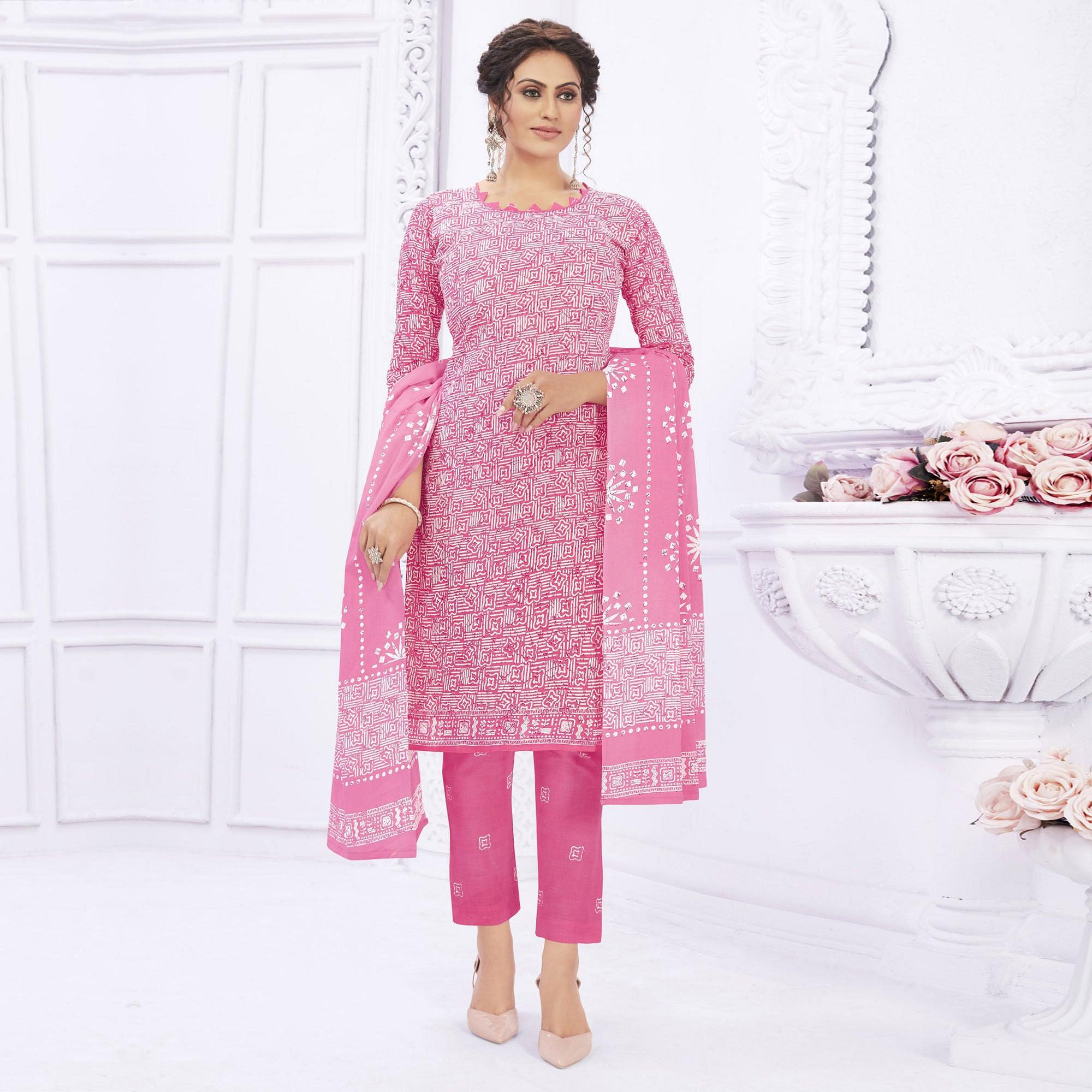 Light Pink Casual Wear Printed Cotton Dress Material - Peachmode