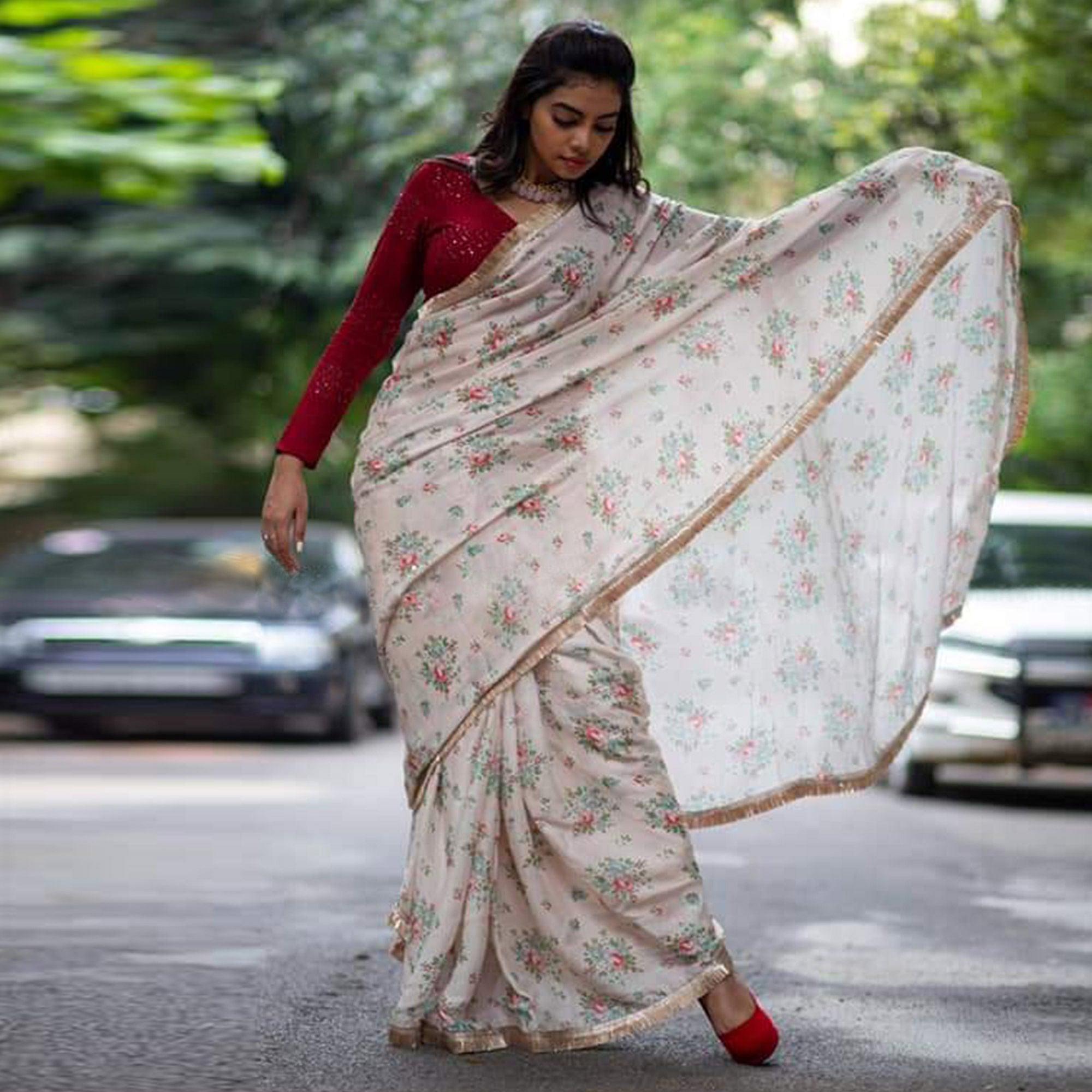 Light Pink Casual Wear Printed Georgette Saree - Peachmode