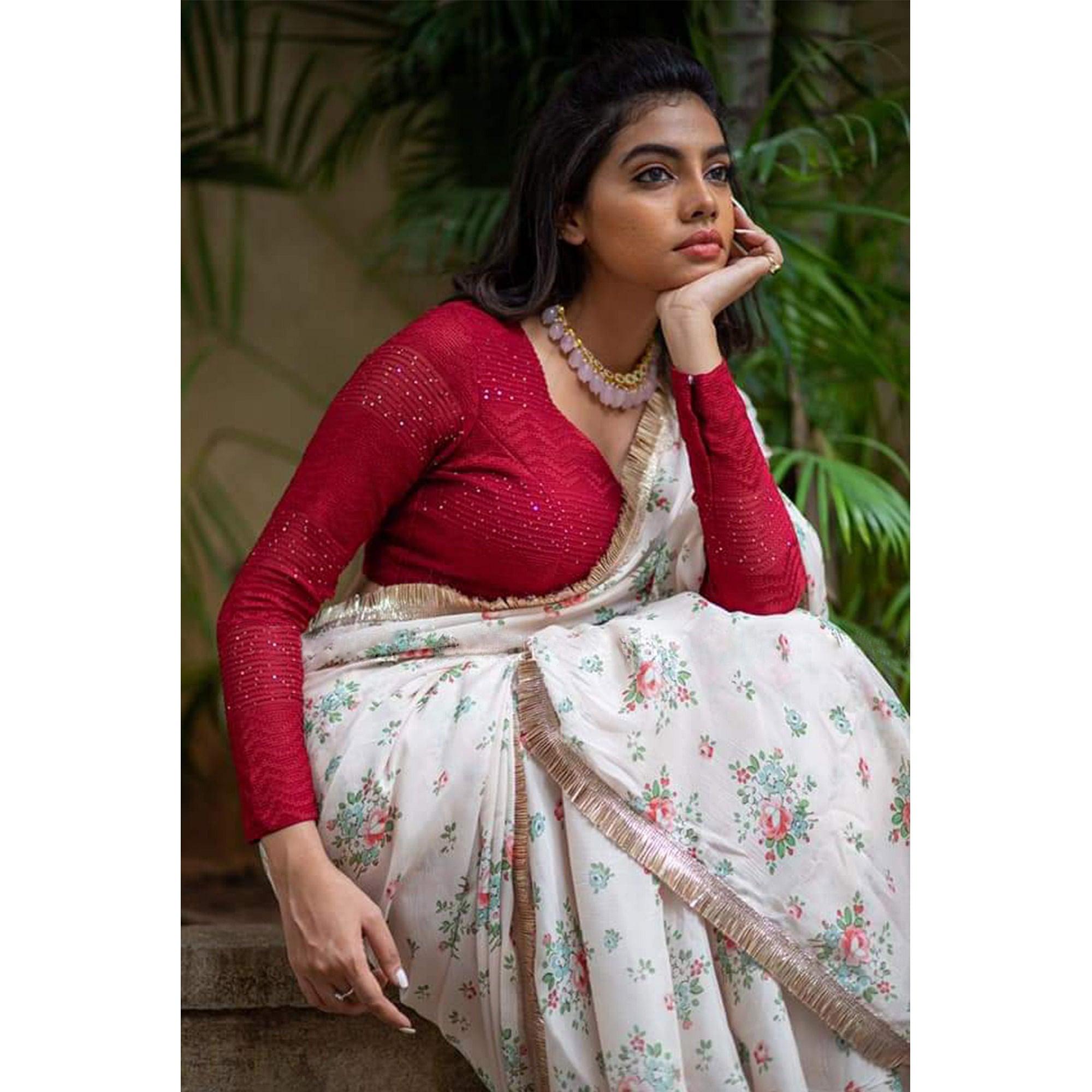 Light Pink Casual Wear Printed Georgette Saree - Peachmode