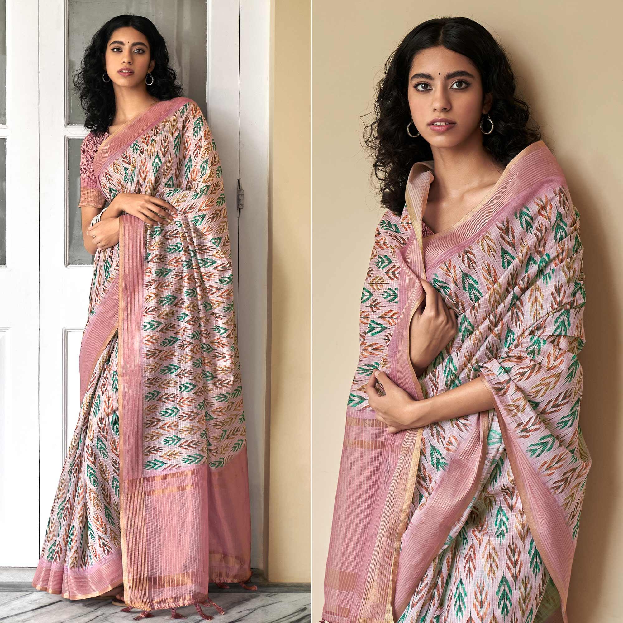 Light Pink Digital Printed Art Silk Saree - Peachmode