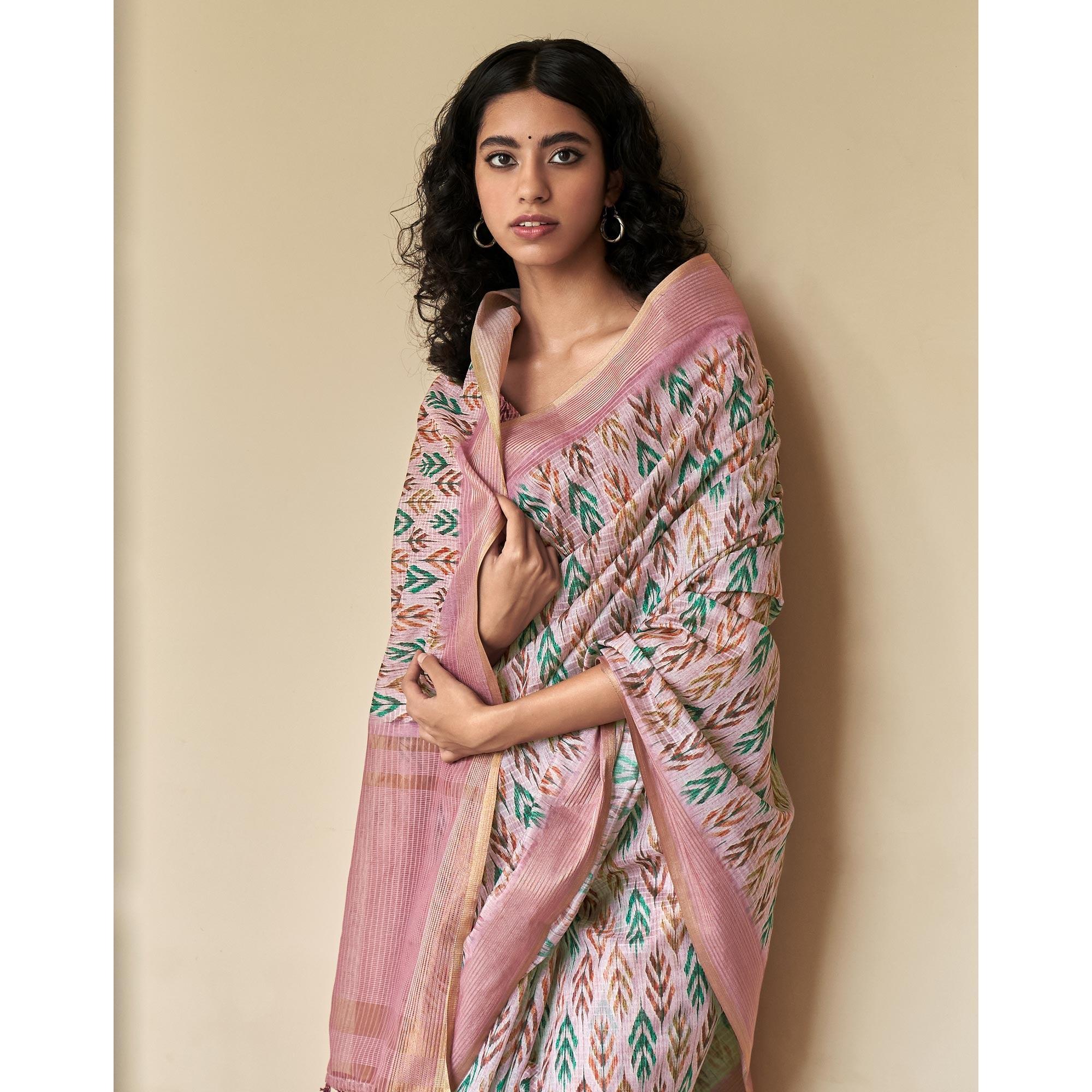 Light Pink Digital Printed Art Silk Saree - Peachmode