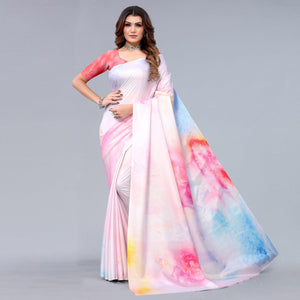 Light Pink Digital Printed Dola Silk Saree - Peachmode