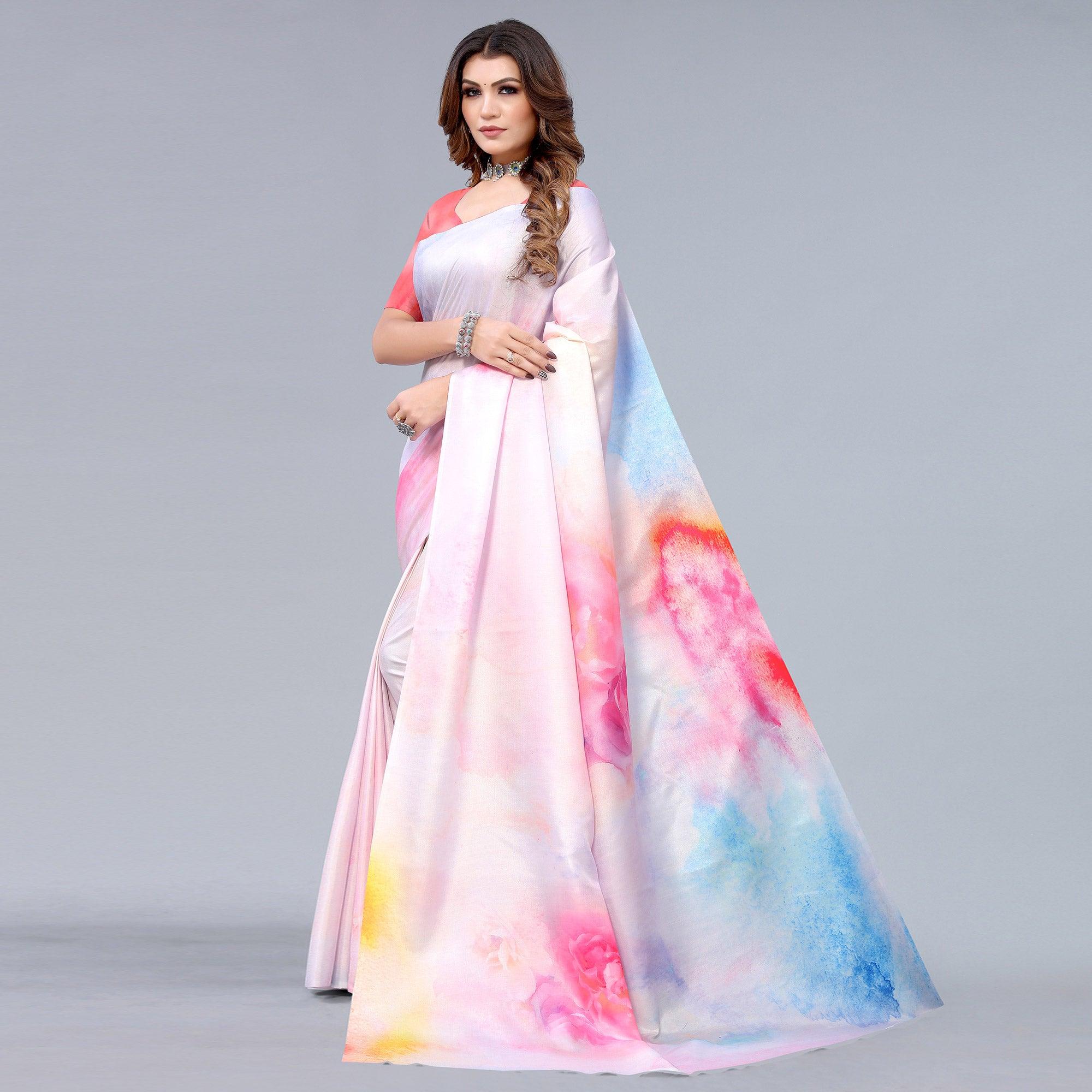 Light Pink Digital Printed Dola Silk Saree - Peachmode