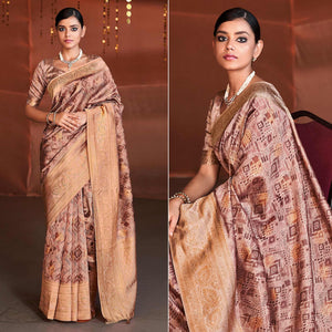 Light Pink Digital Printed With Woven Border Art Silk Saree - Peachmode