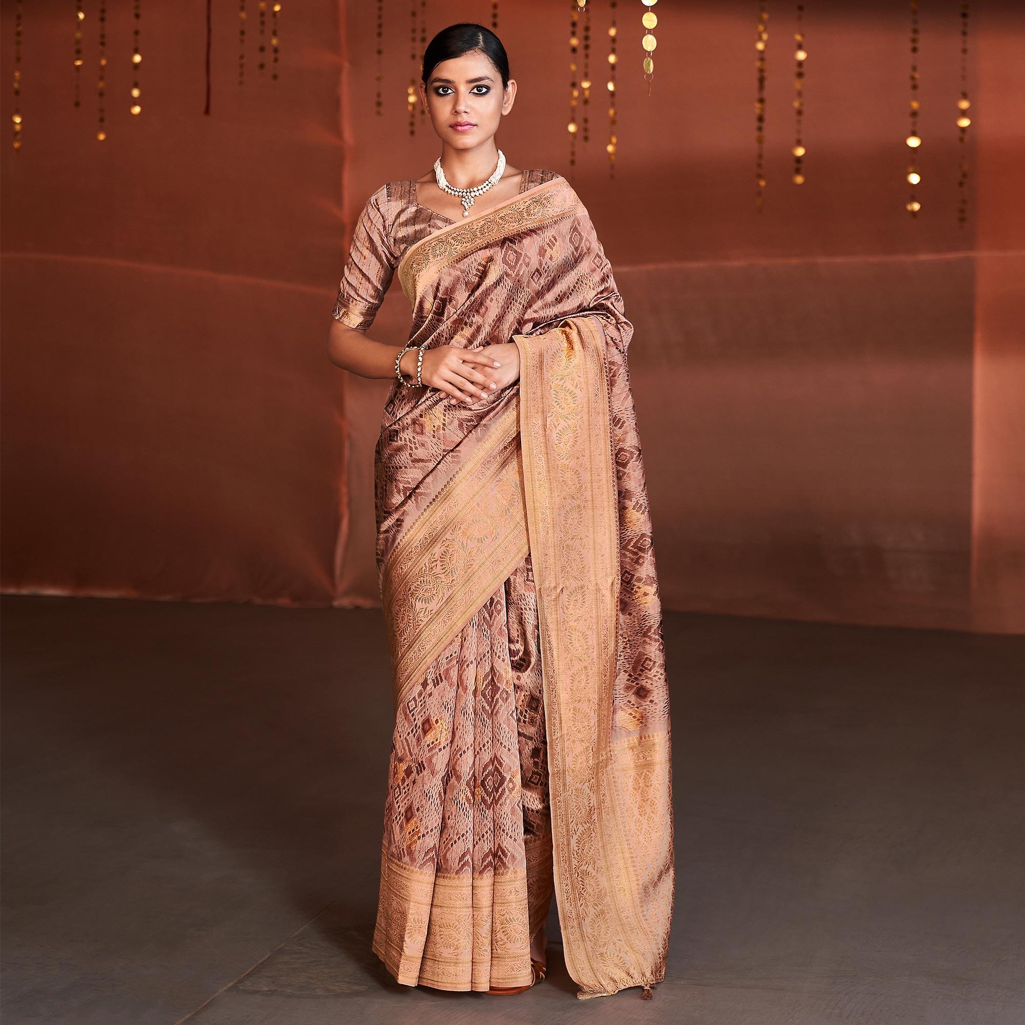 Light Pink Digital Printed With Woven Border Art Silk Saree - Peachmode