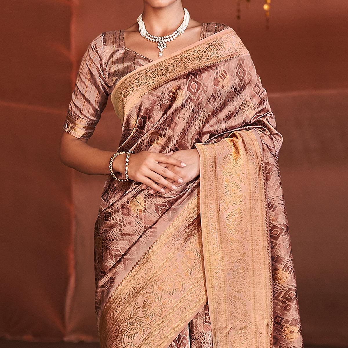 Light Pink Digital Printed With Woven Border Art Silk Saree - Peachmode