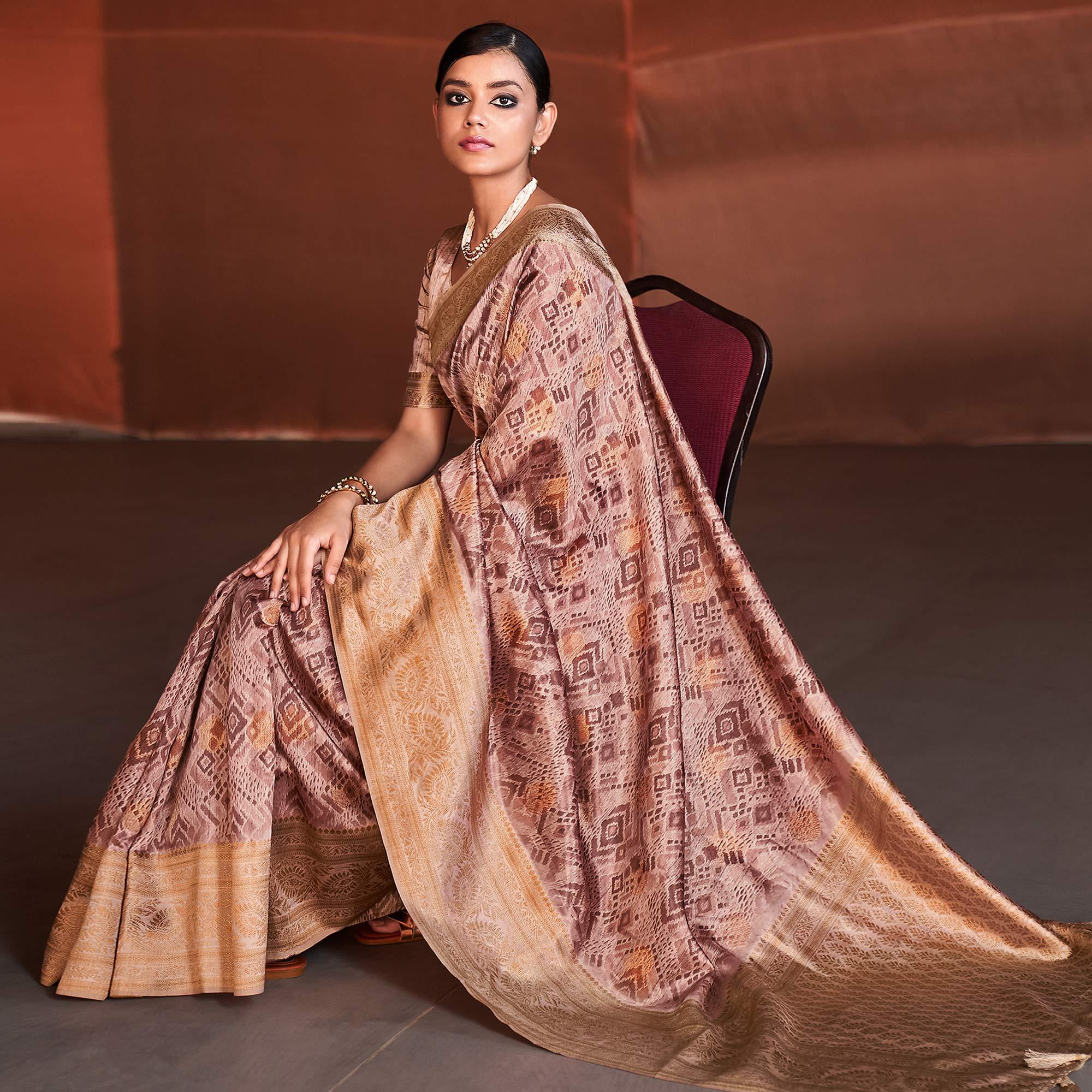 Light Pink Digital Printed With Woven Border Art Silk Saree - Peachmode