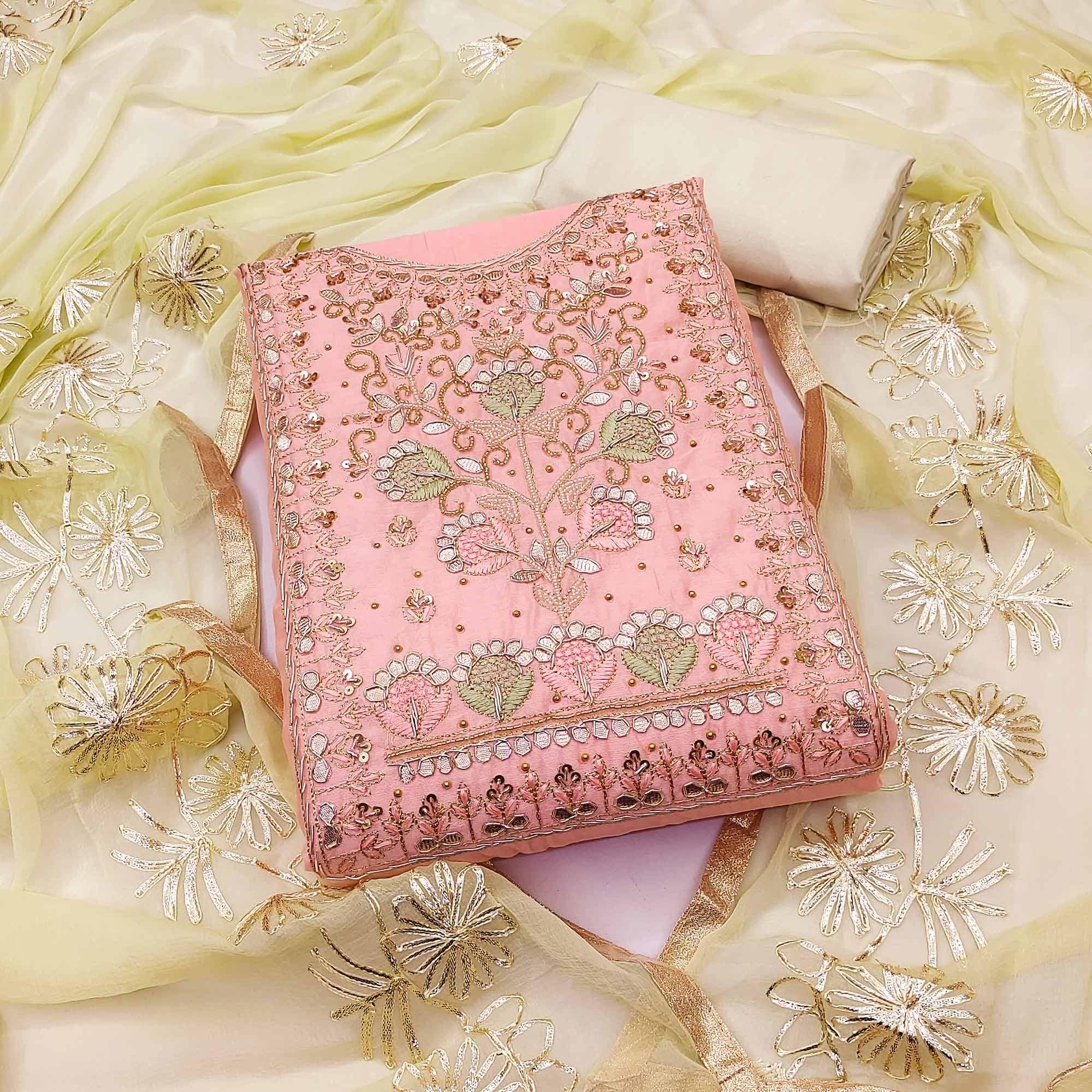 Light Pink Embellished Chanderi Dress Material - Peachmode