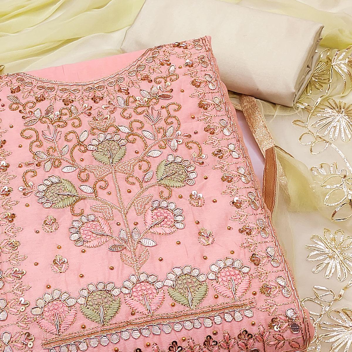Light Pink Embellished Chanderi Dress Material - Peachmode