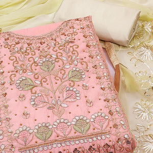 Light Pink Embellished Chanderi Dress Material - Peachmode